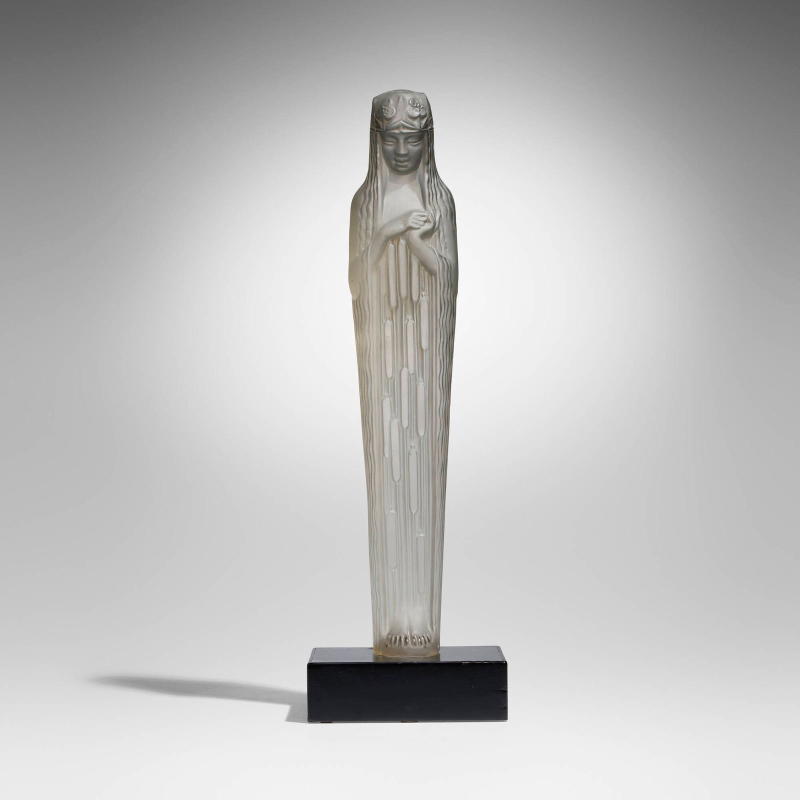 Rene Lalique, Source de la Fontaine Echo statuette: Rene Lalique Source de la Fontaine Echo statuette France, c. 1924 frosted glass, painted wood 25.5 h x 8 w x 6.5 d in (65 x 20 x 17 cm) The model was initially designed for the Fontaine des