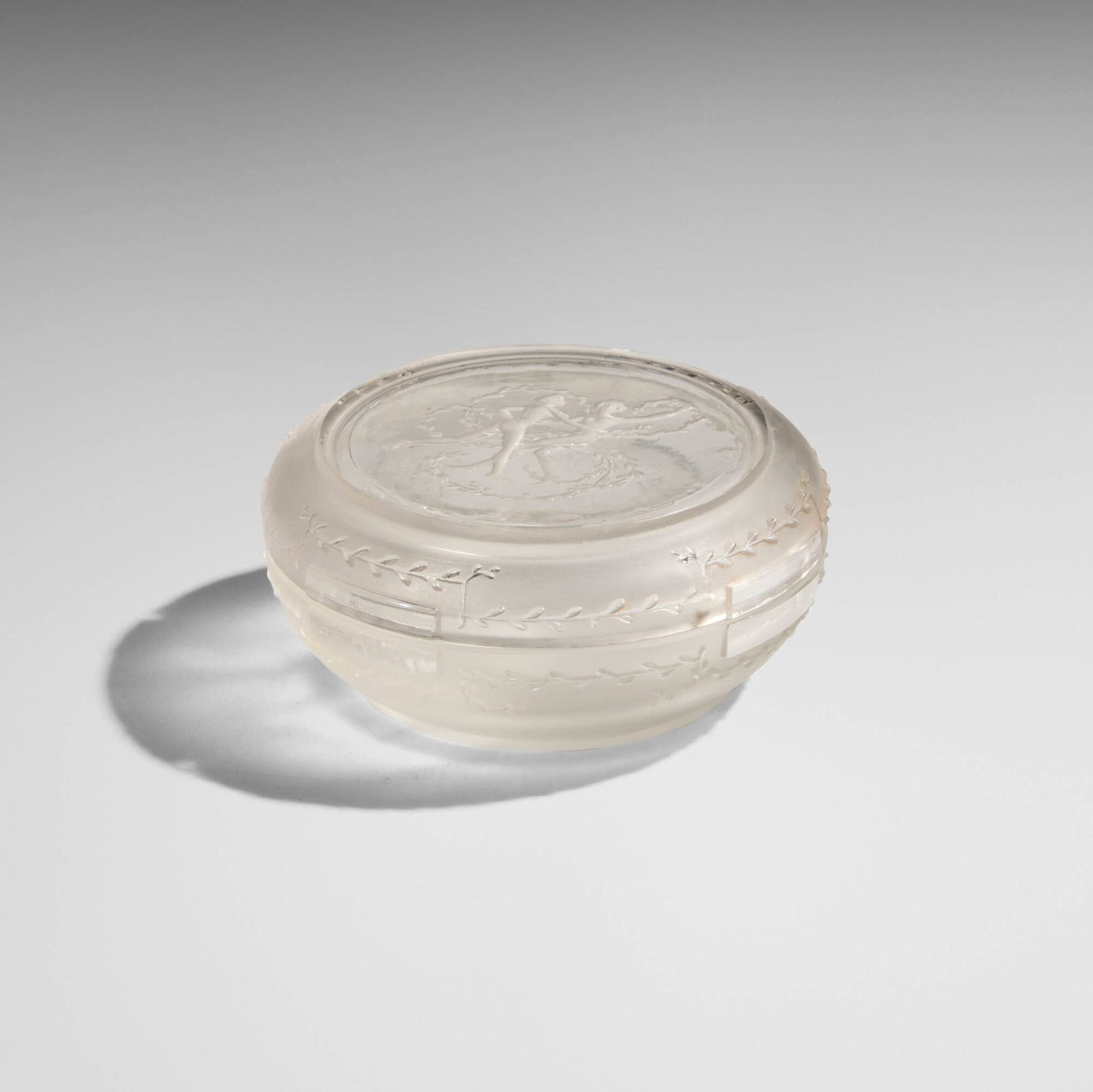 Rene Lalique, Fontenay powder box: Rene Lalique Fontenay powder box France, c. 1910 clear and frosted glass 1.25 h x 1.75 dia in (3 x 4 cm) Faint acid-etched manufacturer's mark to underside 'R. Lalique France'. Literature: R.