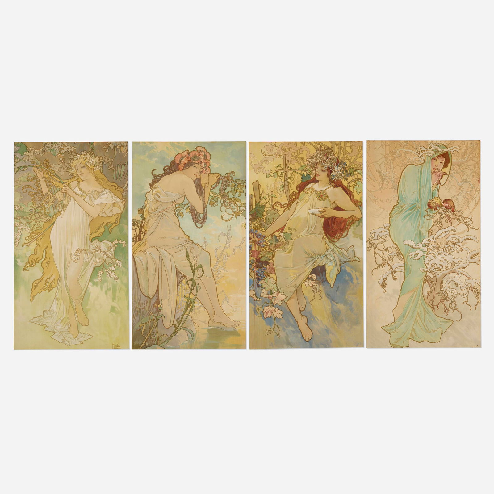 Alphonse Mucha, The Seasons: Spring, Summer, Autumn, Winter (four works): Alphonse Mucha The Seasons: Spring, Summer, Autumn, Winter (four works) 1896 lithograph in colors largest: 35.375 h x 20.375 w in (90 x 52 cm) 25.875 h x 19.875 w in (66 x 50 cm) smallest: 35.375 h