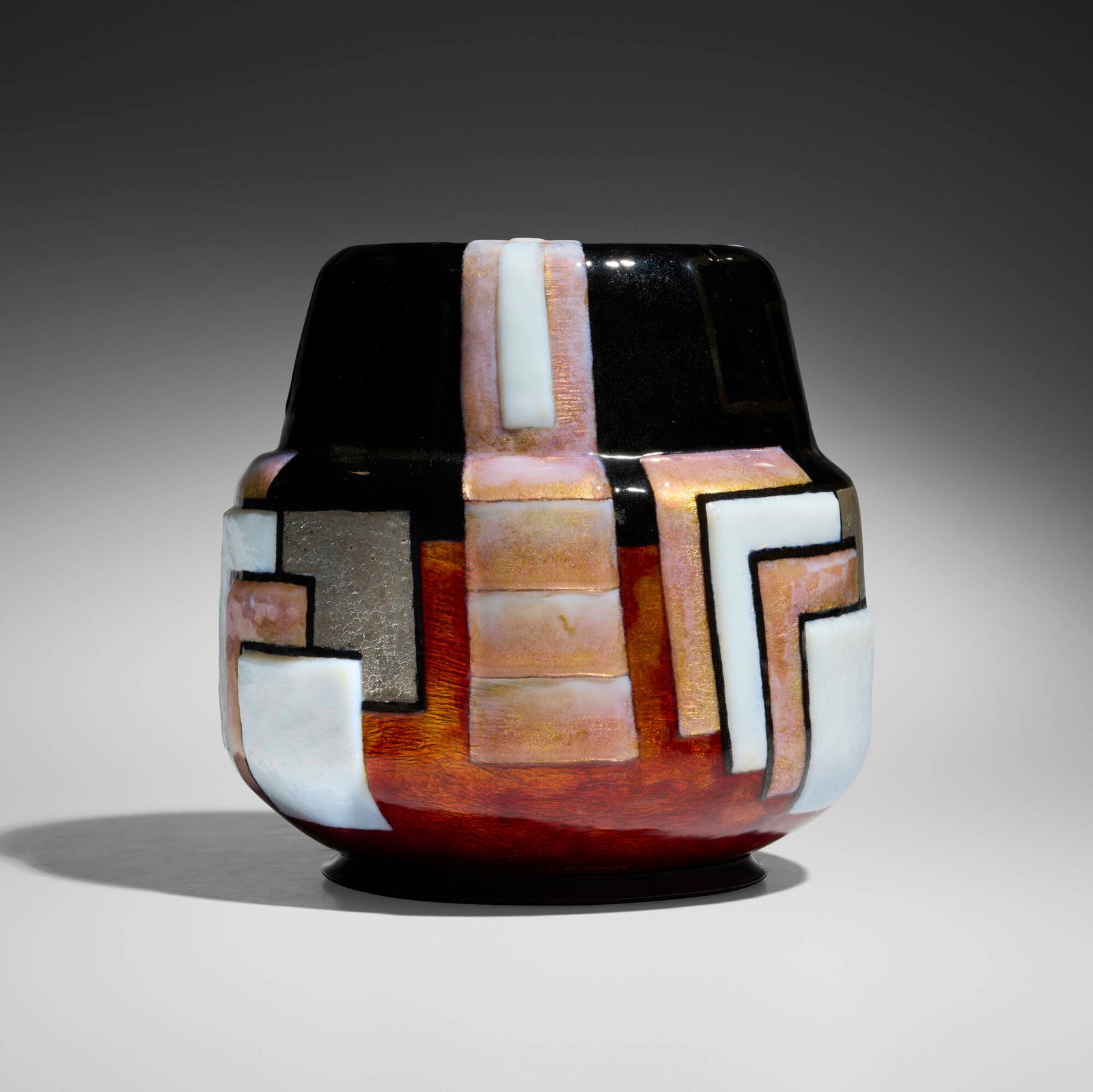 Camille Faure, Art Deco-style Athenes vase: Camille Faure Art Deco-style Athenes vase France, c. 1965 enameled copper 8.75 h x 9.25 dia in (22 x 23 cm) Enameled signature to lower edge 'C. Faure Limoges'. Provenance: Private Collection 