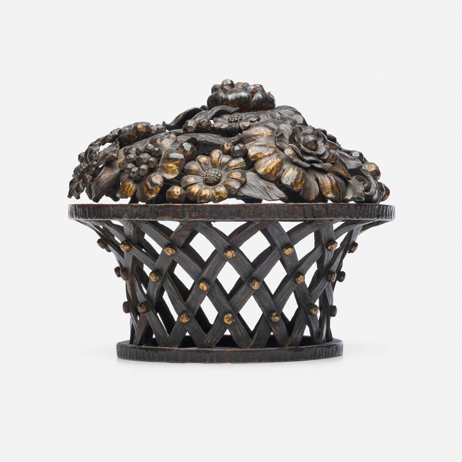 Edgar Brandt, Flower basket-form newel post cap: Edgar Brandt Flower basket-form newel post cap France, c. 1925 wrought iron parcel-gilt 8.25 h x 9.75 dia in (21 x 25 cm) Provenance: Artemis Decorative Arts Ltd., London | Acquired from the
