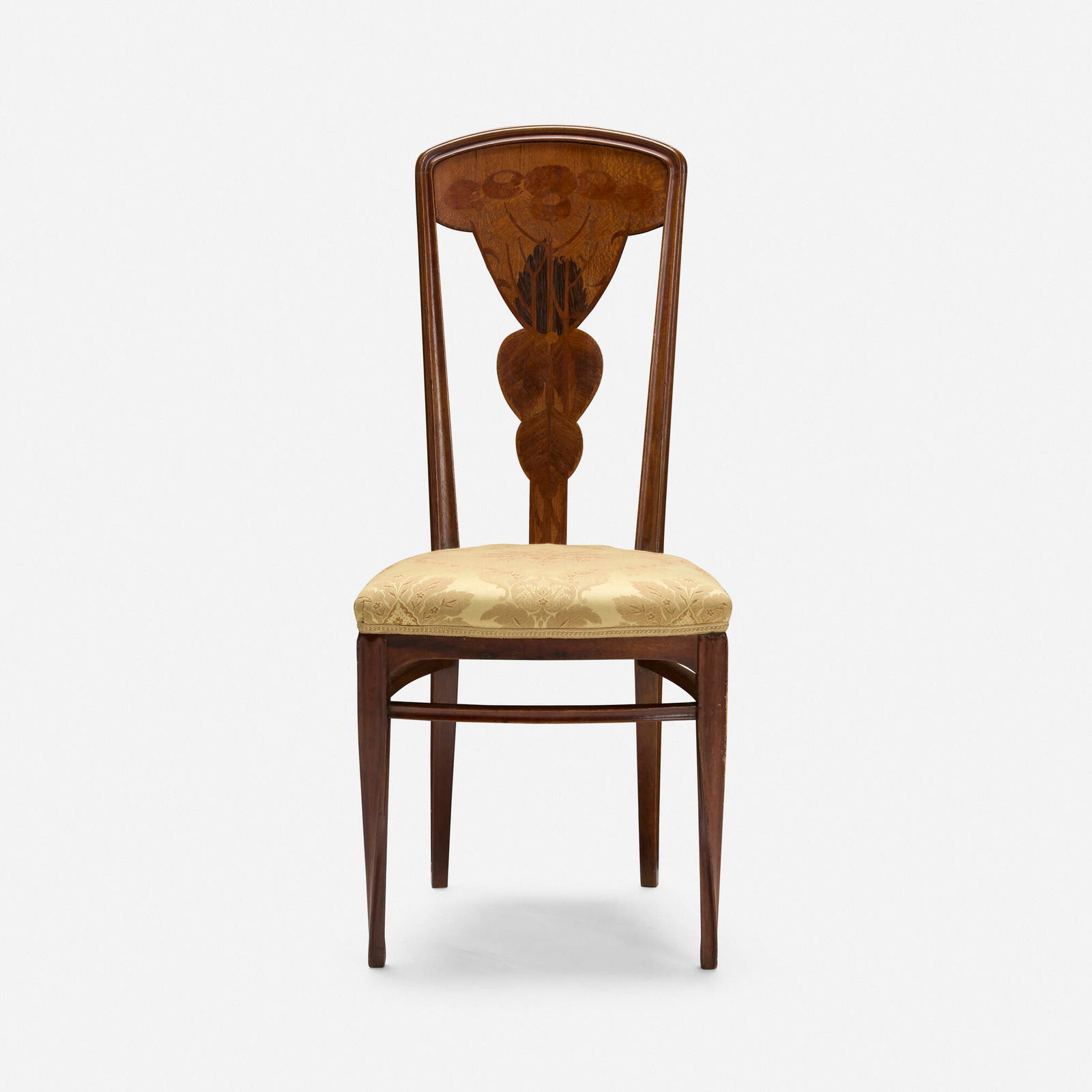 Louis Majorelle, Tournesols marquetry side chair: Louis Majorelle Tournesols marquetry side chair France, c. 1900mahogany, mixed wood inlay, silk upholstery 39.25 h x 16.75 w x 19.25 d in (100 x 43 x 49 cm) An example of this model was exhibi