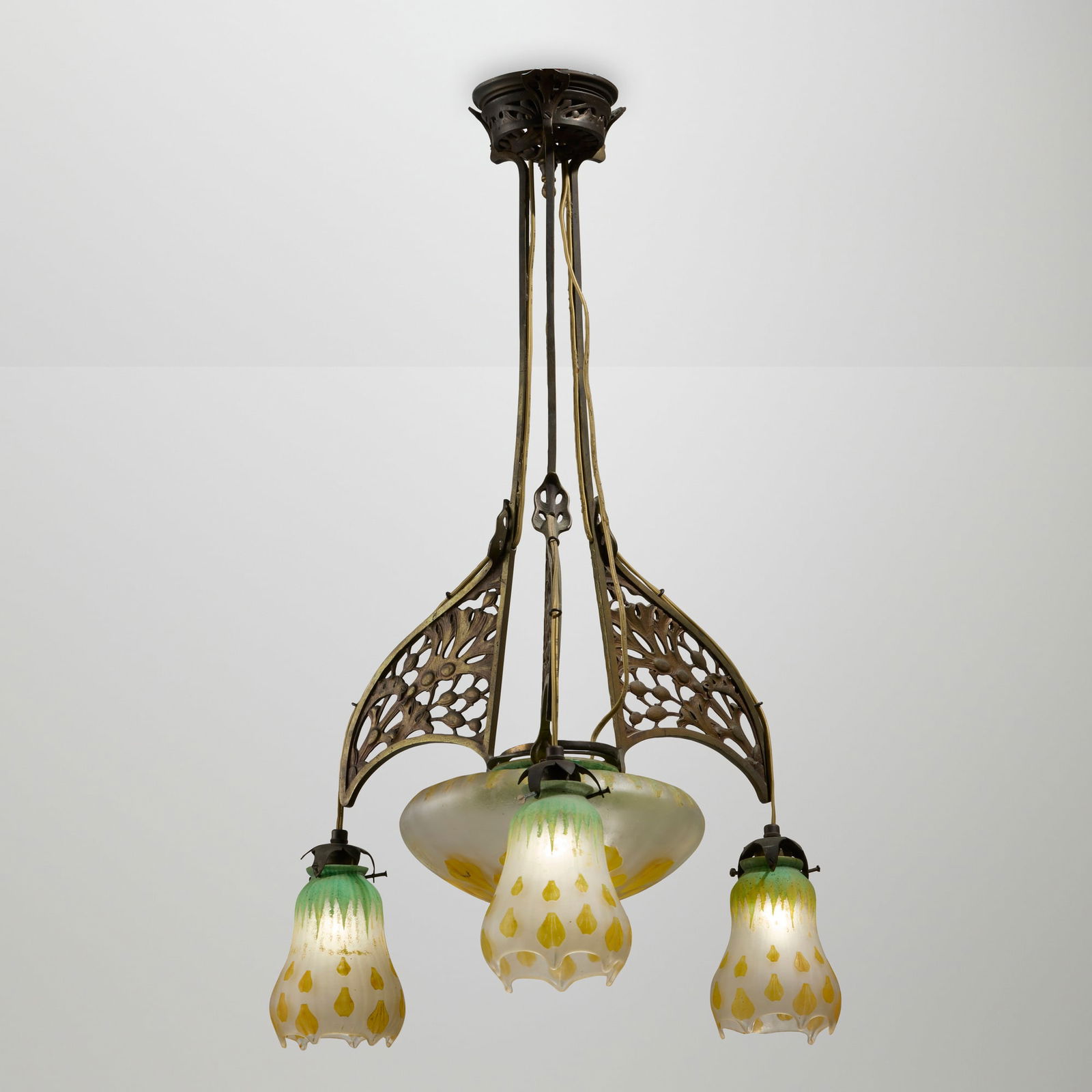 Daum, Chandelier: Daum Chandelier France, c. 1920 vitrified and acid-etched glass, patinated cast bronze 30 h x 19 w x 19 d in (76 x 48 x 48 cm) Incised manufacturer's mark to to one shade 'Daum Nancy' with Croix