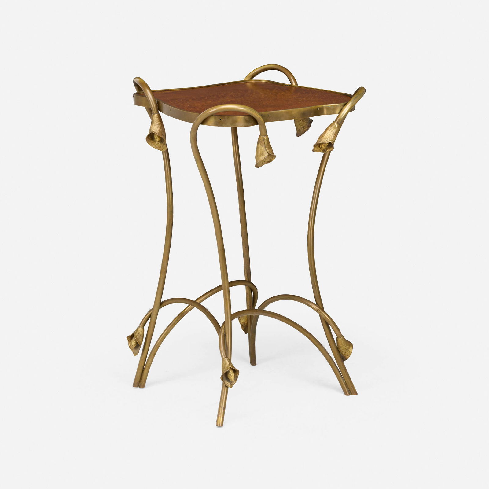 Art Nouveau, Occasional table with calla lilies: Art Nouveau Occasional table with calla lilies c. 1910 birds-eye maple, brass 30.5 h x 19.25 w x 17 d in (77 x 49 x 43 cm) Provenance: Phillips, London, Late 19th & 20th Century Design, 20 May