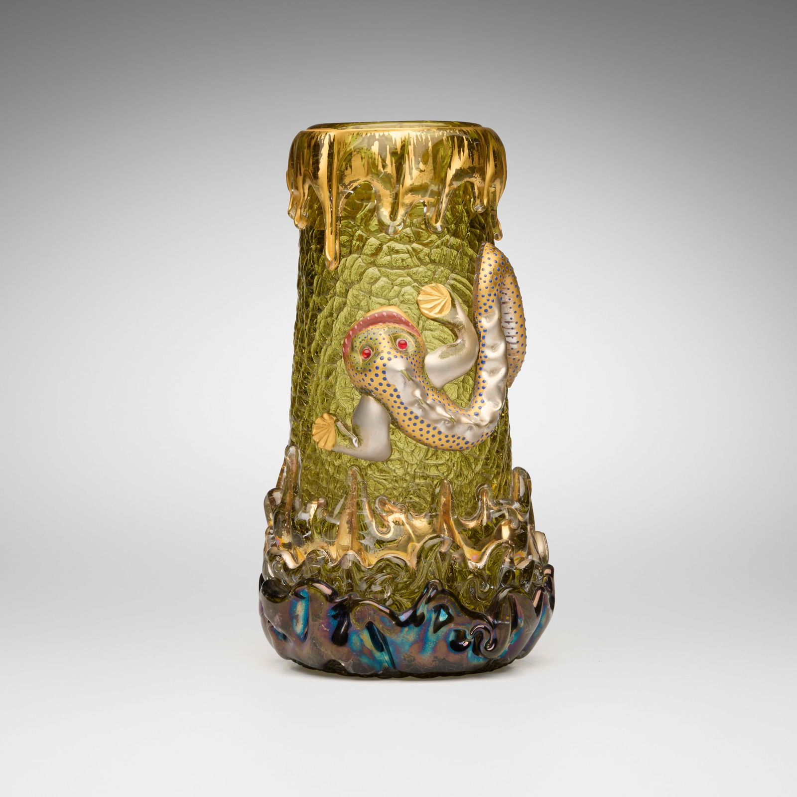 Moser, Salamander vase: Moser Salamander vase Bohemia/Czech Republic, c. 1895gilt and enameled glass with applied decoration 10 h x 5.125 w x 5.375 d in (25 x 13 x 14 cm) Twice numbered to underside '12527'. <