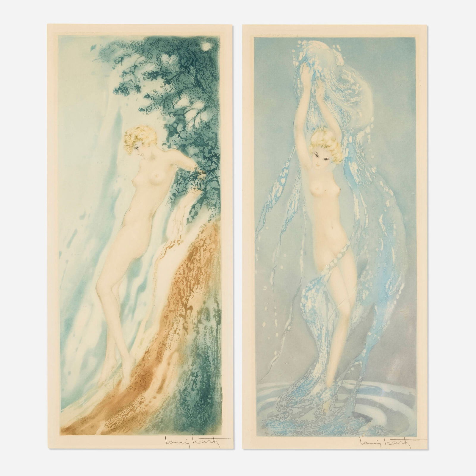 Louis Icart, Waterfall; Fountain (two works): Louis Icart Waterfall; Fountain (two works) 1936 etching and aquatint in colors with hand-coloring image (each): 20 h x 8.125 w in (51 x 21 cm) sight (each): 21.375 h x 9.375 w in (54 x 24 cm) 