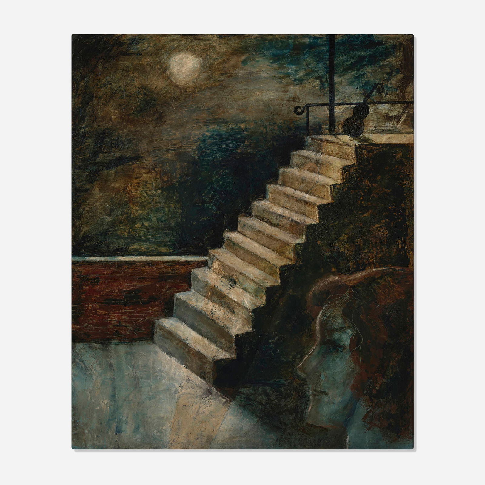 Gertrude Abercrombie, Stairway: Gertrude Abercrombie Stairway 1934 oil on board 24.5 h x 20.5 w in (62 x 52 cm) Signed to lower right 'Abercrombie'. Work features a sketch to verso and a pentimento within the image. This work