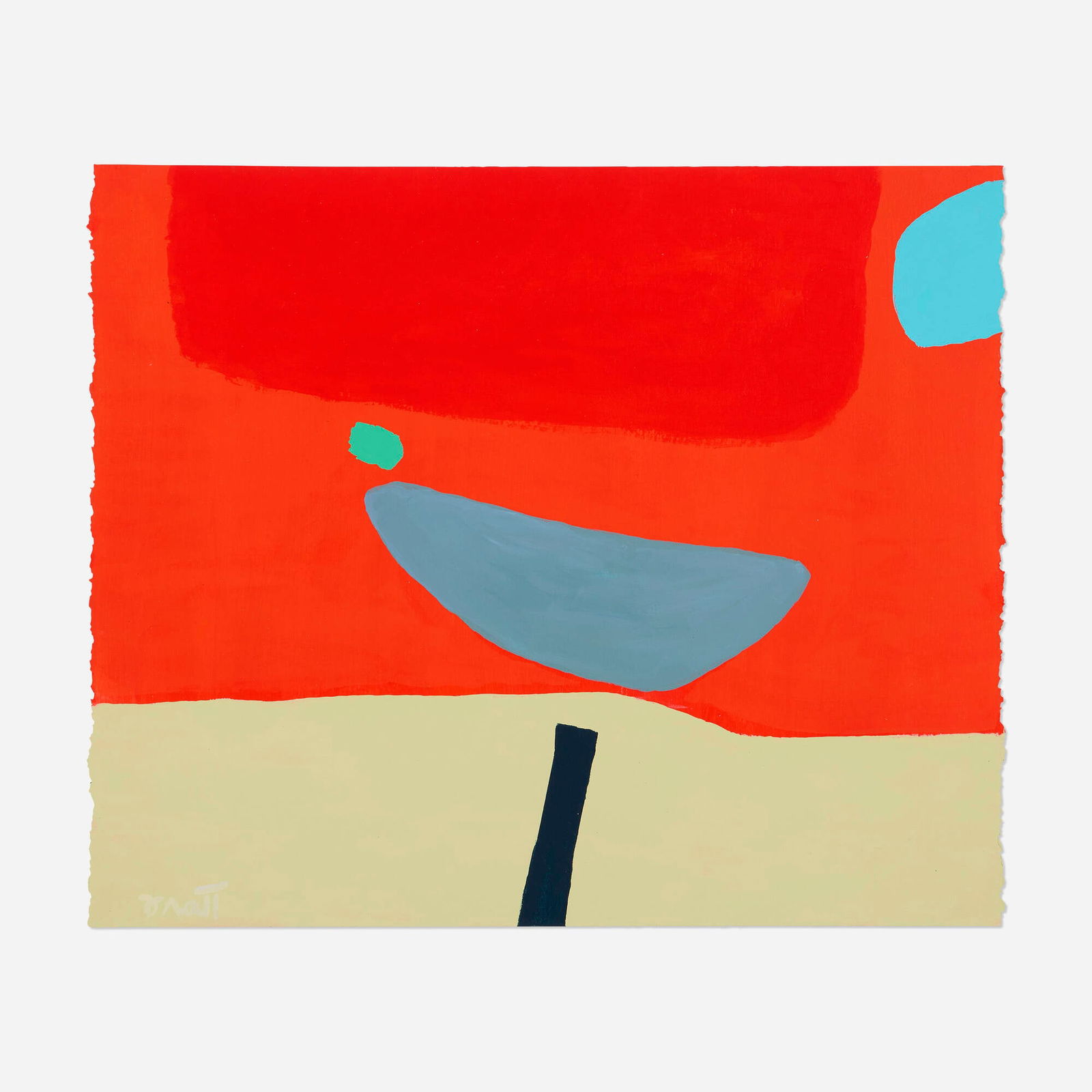 Dorothy Fratt, Bird on a Wire: Dorothy Fratt Bird on a Wire c. 1995 acrylic on paper mounted to canvas 19.375 h x 23.125 w in (49 x 59 cm) Signed to lower left 'Fratt'. Provenance: Acquired directly from the artist's son,