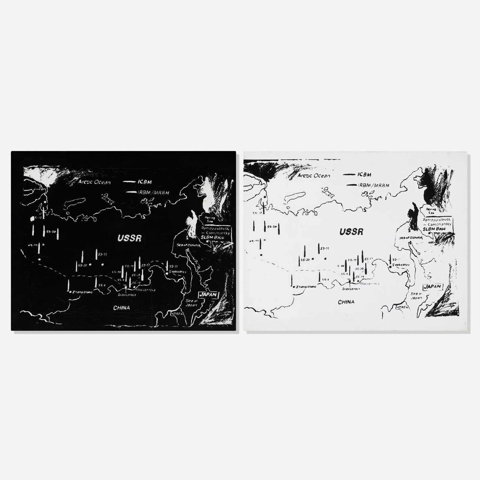 Andy Warhol, Map of Eastern U.S.S.R. Missile Bases (Positive and Negative) (two works): Andy Warhol Map of Eastern U.S.S.R. Missile Bases (Positive); Map of Eastern U.S.S.R. Missile Bases (Negative) (two works) 1985-86 acrylic and screenprint on canvas each: 16 h x 20 w x 0.75 d in