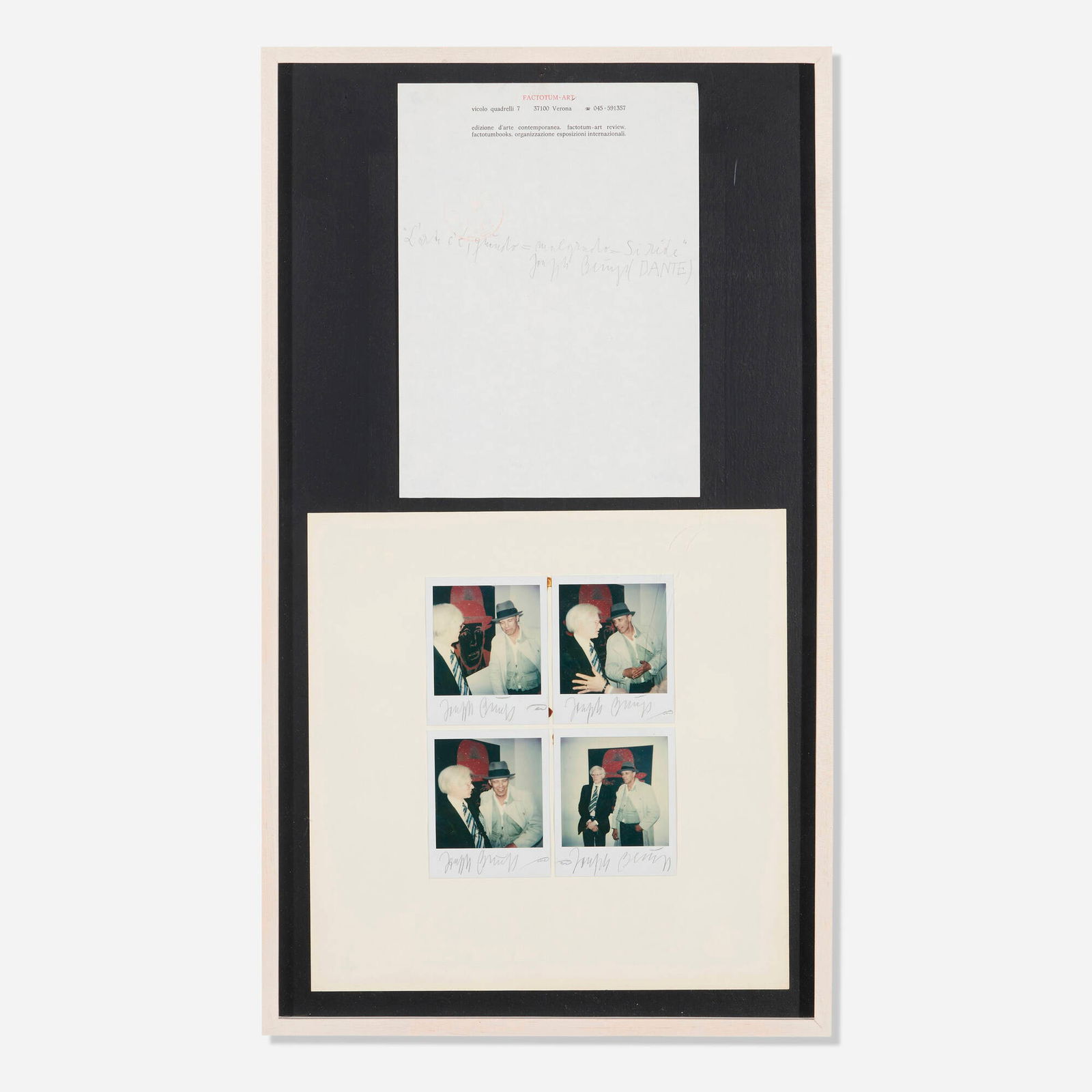 Andy Warhol and Joseph Beuys, Untitled: Andy Warhol and Joseph Beuys Untitled 1982Polaroid SX-70 prints and mixed media mounted to board and wood panel 27.5 h x 15.75 w x 1 d in (70 x 40 x 3 cm) Initialed by Andy Warhol and signed t