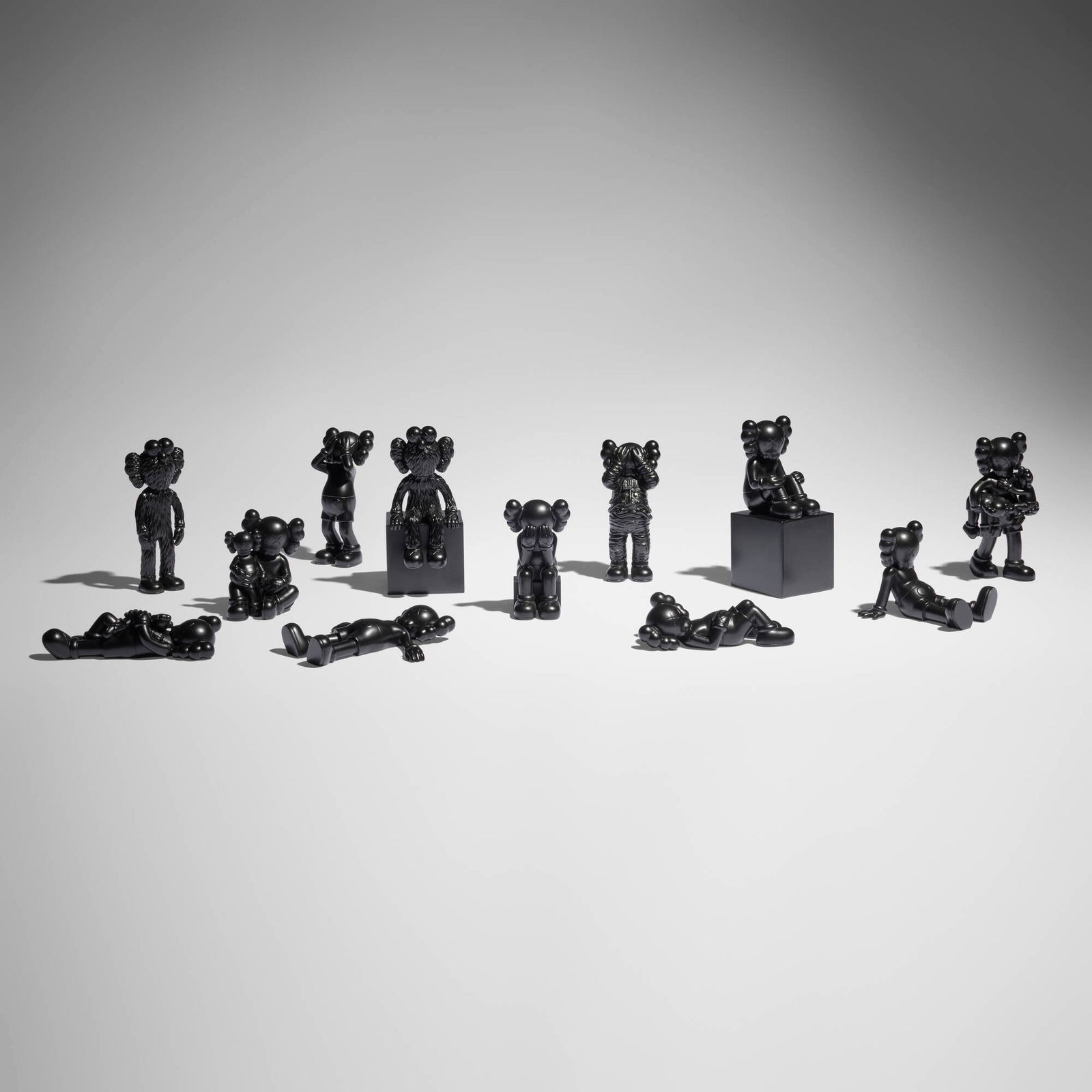 KAWS (Brian Donnelly), AllRightsReserved's 20th Anniversary (complete set of twelve works): KAWS (Brian Donnelly) AllRightsReserved's 20th Anniversary (complete set of twelve works) 2022 painted bronze tallest: 7 h x 3 w x 4 d in (18 x 8 x 10 cm) shortest: 1.25 h x 5.875 w x 5.25 d in (3