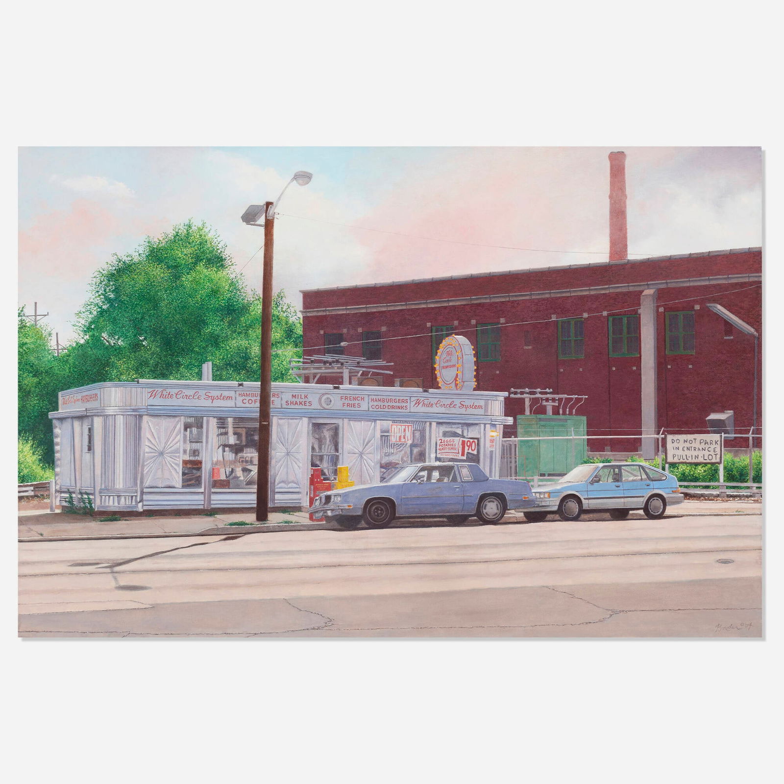 John Baeder, White Circle System: John Baeder White Circle System 2004oil on canvas 23.875 h x 36 w in (61 x 91 cm) Signed and dated to lower right 'Baeder ? '04'. Provenance: O.K. Harris, New York | Ir