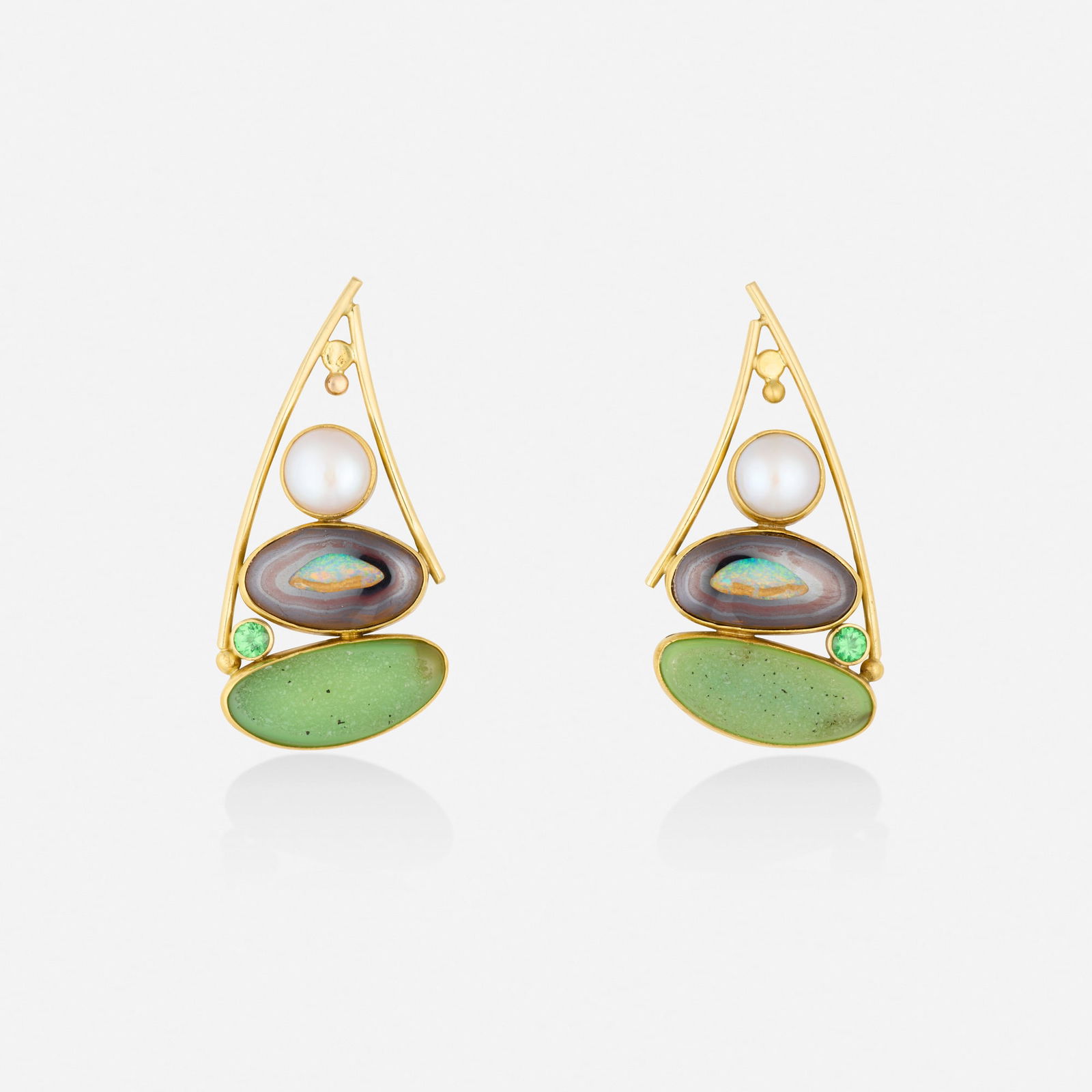 Jennifer Kalled, Multi-gem, gold, and silver earrings: Jennifer Kalled Multi-gem, gold, and silver earrings Each set with a cultured pearl, polished boulder opal, druzy quartz, and a circular-cut tsavorite garnet 22k, 18k yellow gold and sterling silver