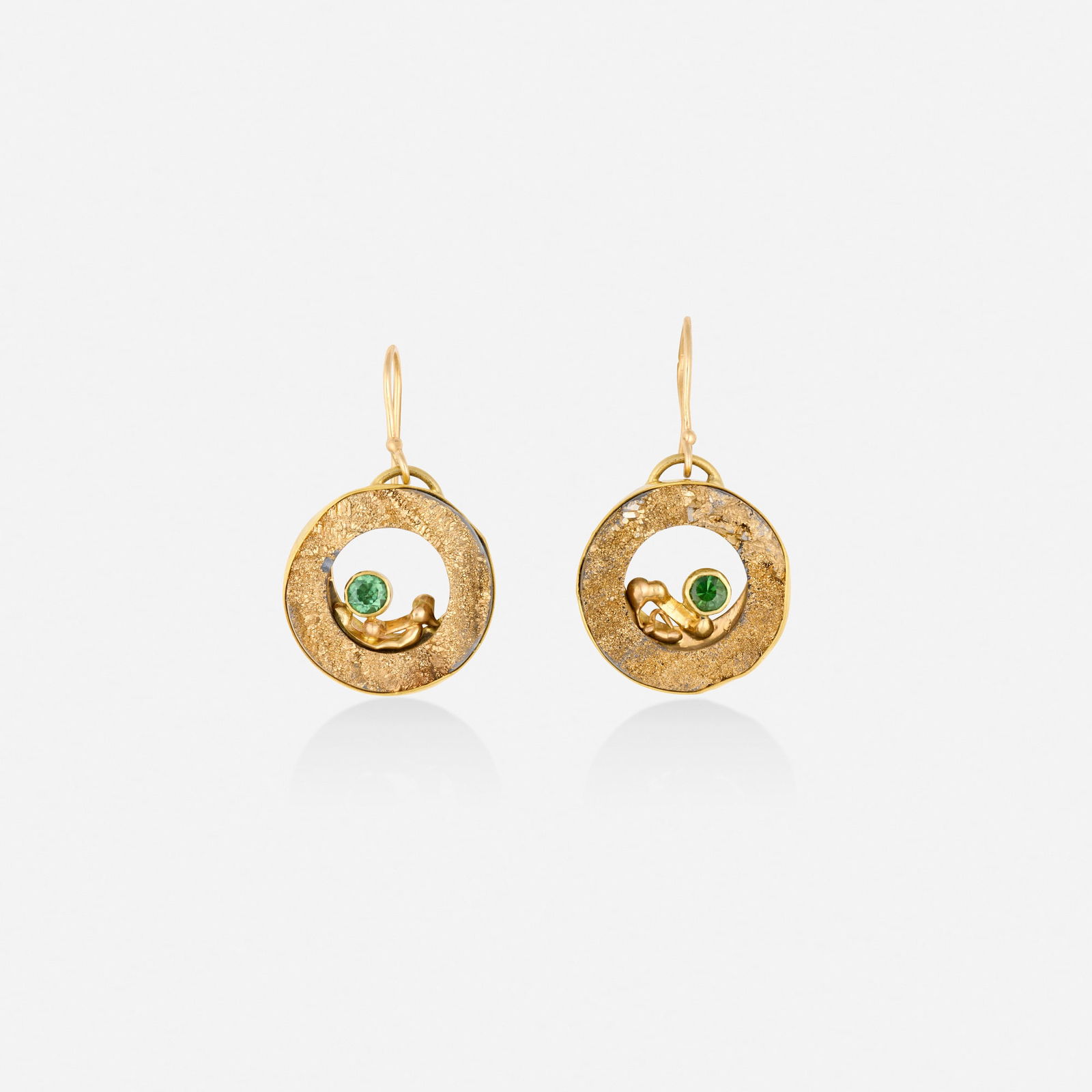 Jennifer Kalled, Multi-gem and gold earrings: Jennifer Kalled Multi-gem and gold earrings Each set with druzy agate and circular-cut tourmaline 22k, 18k, and 14k yellow gold Signed with maker's mark or Jennifer Kalled 1.375 x 0.75 in; Gross