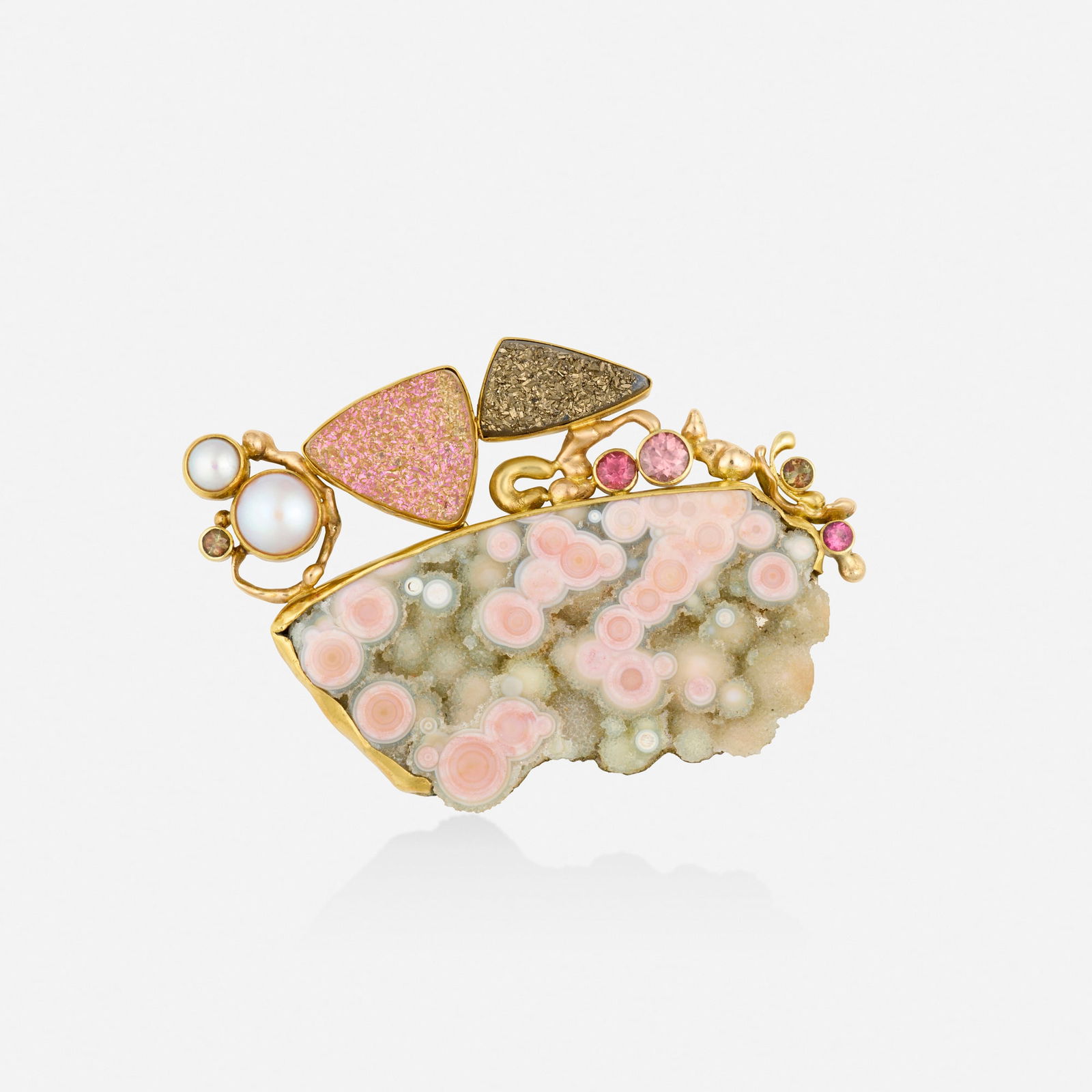 Jennifer Kalled, Multi-gem, gold, and sterling silver brooch: Jennifer Kalled Multi-gem, gold, and sterling silver brooch Set with a jasper geode, cultured pearls, druzy agate, circular-cut tourmaline, zircon, and andalusite 22k, 18k, 14k yellow gold and