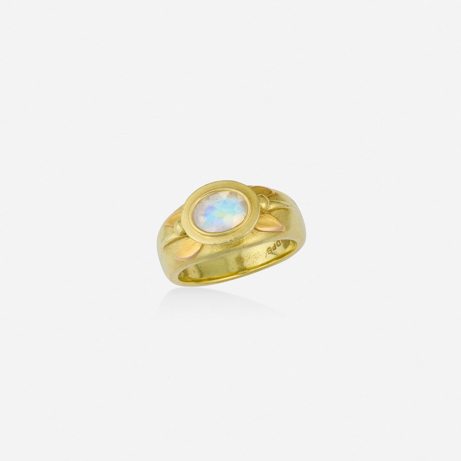 Stephani Briggs, Moonstone and gold ring: Stephani Briggs Moonstone and gold ring Set with an oval-cut moonstone 18k yellow gold Signed SDPB Ring size 7; Gross weight 9.3 dwts This work will ship from Lambertville, New Jersey.