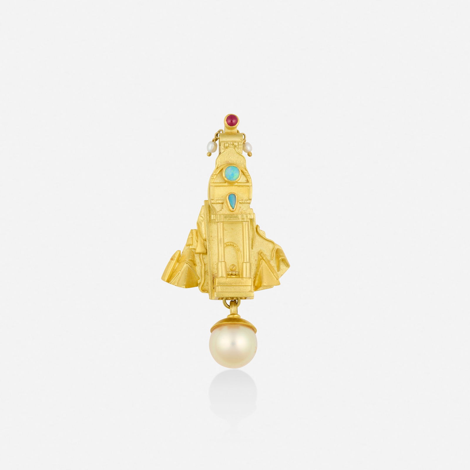 Stephani Briggs, 'Kailasa' multi-gem and gold brooch: Stephani Briggs 'Kailasa' multi-gem and gold brooch Designed as a temple set with cabochon opals and ruby, with hanging cultured and seed pearls Yellow gold 2.25 x 1.25 in; Gross weight 13.1 dwts 