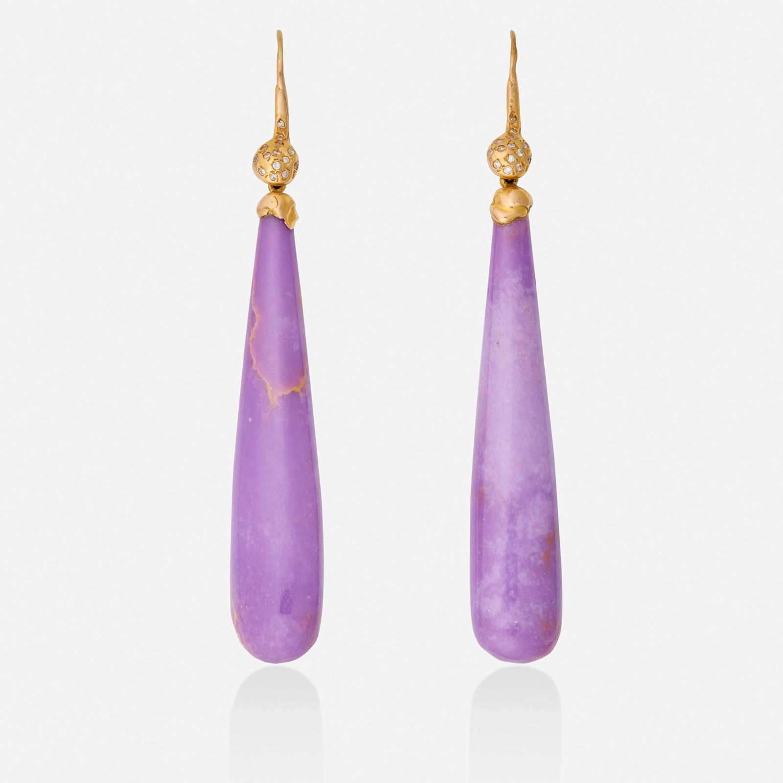 Italian, Sugilite, diamond, and pink gold earrings: Italian Sugilite, diamond, and pink gold earrings Each set with a sugilite drop and round brilliant-cut diamond bail 18k pink gold 3.25 x 0.50 in; Gross weight 14.4 dwts This work will ship from