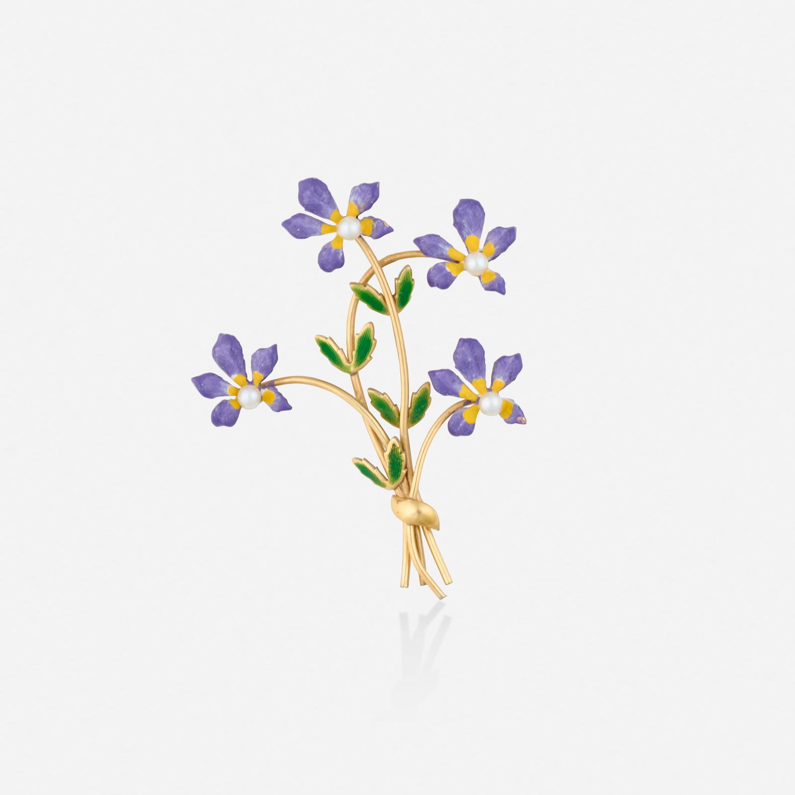 Krementz, Enamel and seed pearl brooch: Krementz Enamel and seed pearl brooch Designed as a bouquet of enamel flowers set with seed pearls Gold-plate Signed Krementz 2.25 x 1.625 in; Gross weight 3.4 dwts Provenance: Private Collection