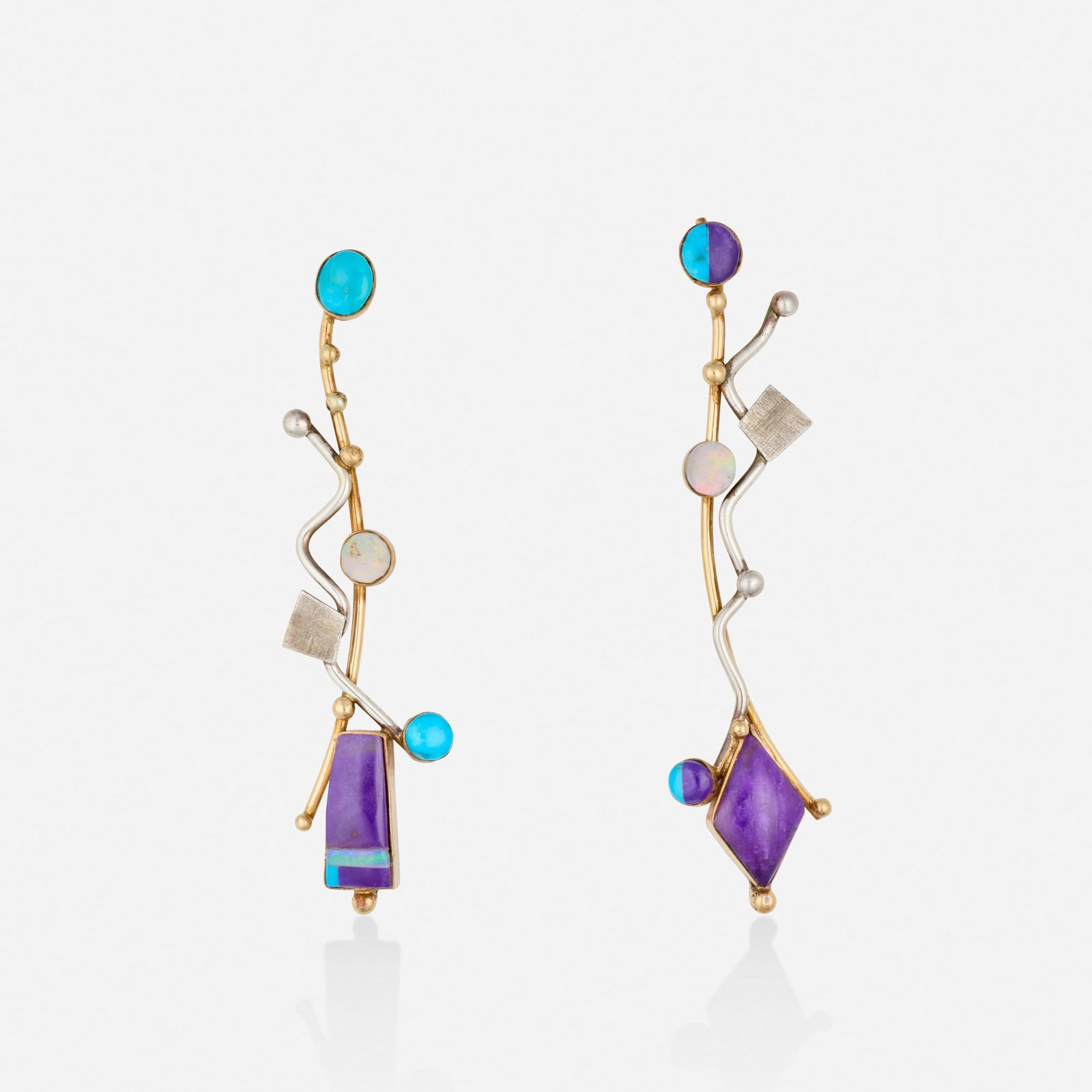 Veronica Poblano, Multi-gem, silver, and gold earrings: Veronica Poblano Multi-gem, silver, and gold earrings Each set with cabochon sugilite, turquoise, and opal 18k yellow gold and silver Signed Veronica 2.50 x 0.625 in; Gross weight 6.3 dwts This
