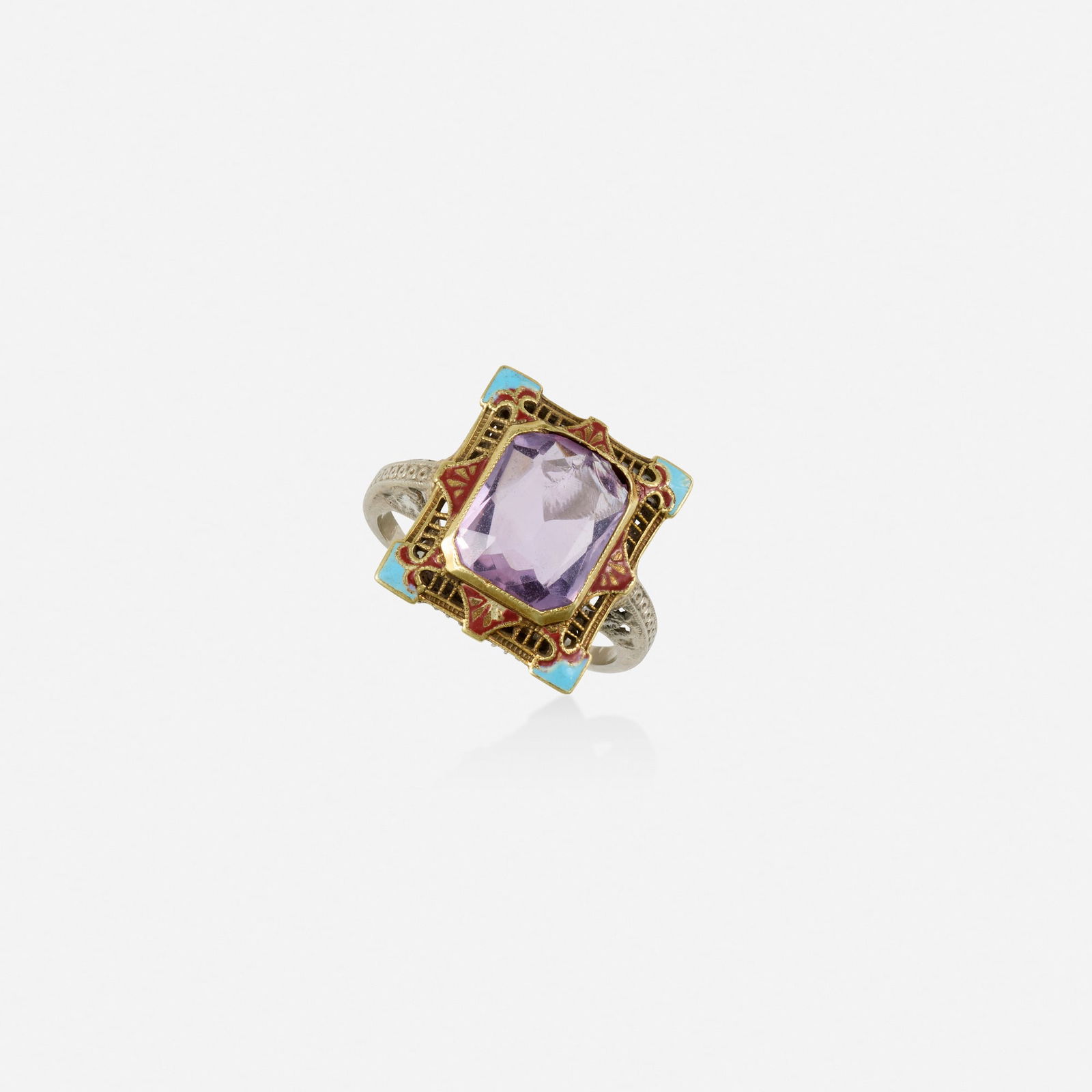Amethyst, enamel, and bicolor gold ring: Amethyst, enamel, and bicolor gold ring Set with an octagonal-cut amethyst, framed by red and blue enamel 14k yellow and white gold Ring size 5.50; Gross weight 1.8 dwts This work will ship from
