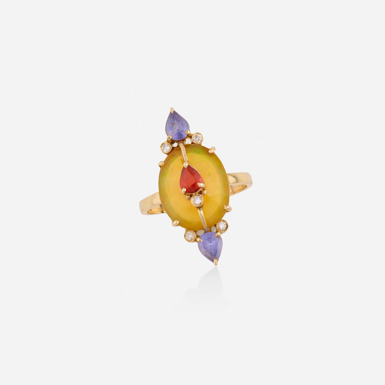 Multi-gem, diamond, and pink gold ring: Multi-gem, diamond, and pink gold ring Set with an oval-cut opal, pear-shaped orange and blue sapphires, and round brilliant-cut diamonds Pink gold Ring size 6.25; Gross weight 2.0 dwts This work will