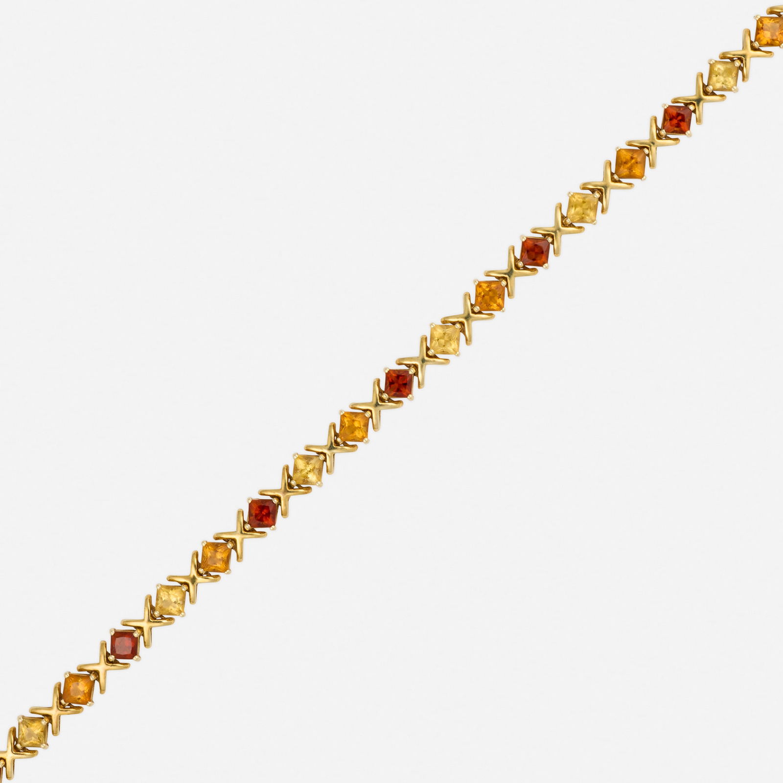 Citrine and gold bracelet: Citrine and gold bracelet Set with square-cut citrines 14k yellow gold 7.25 x 0.25 in; Gross weight 5.8 dwts This work will ship from Lambertville, New Jersey.