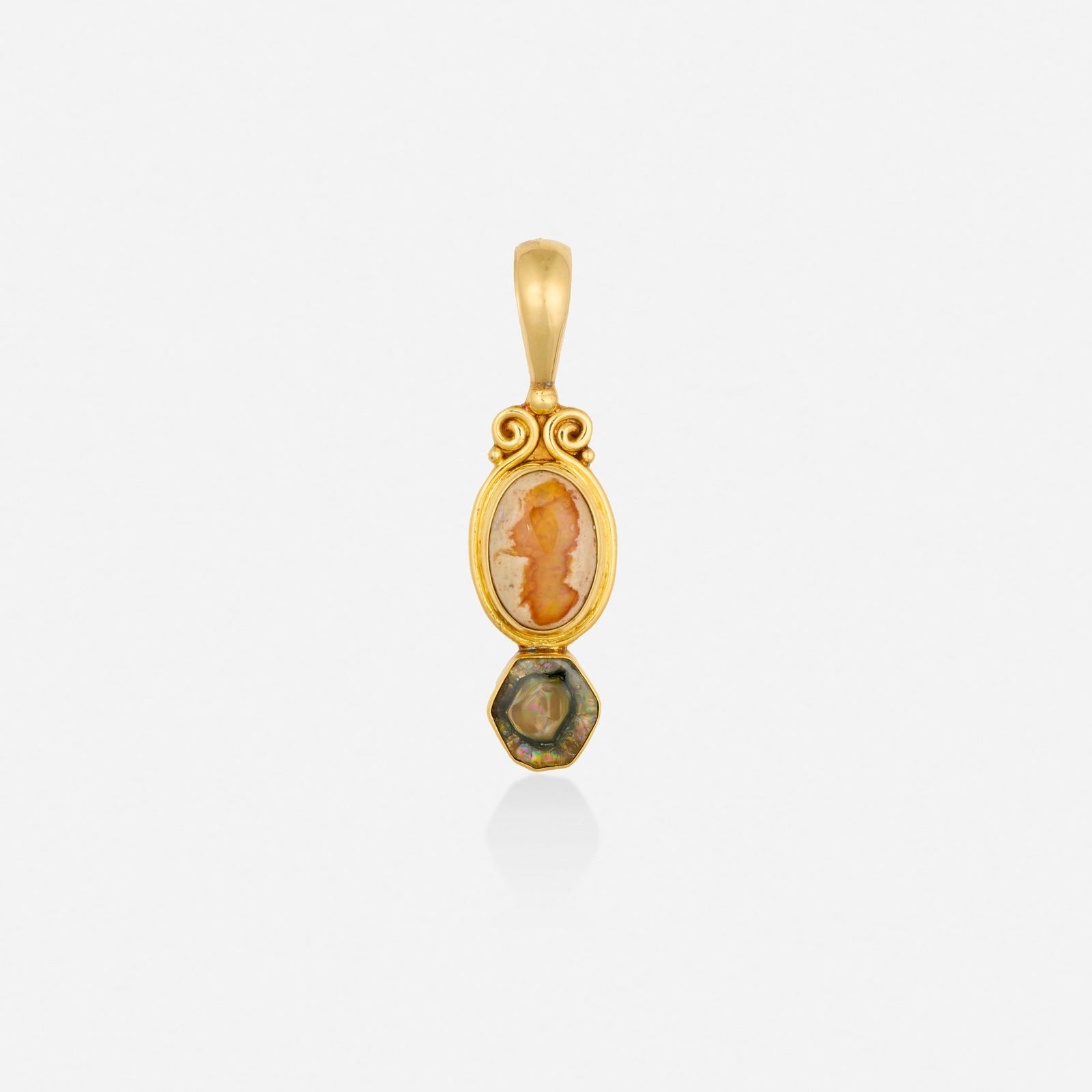 Sajen, Opal and gold pendant: Sajen Opal and gold pendant Set with cabochon fire opal and iridescent glass 18k yellow gold Signed Sajen Approx. 1.625 x 0.375 in; Gross weight 3.6 dwts This work will ship from Lambertville,
