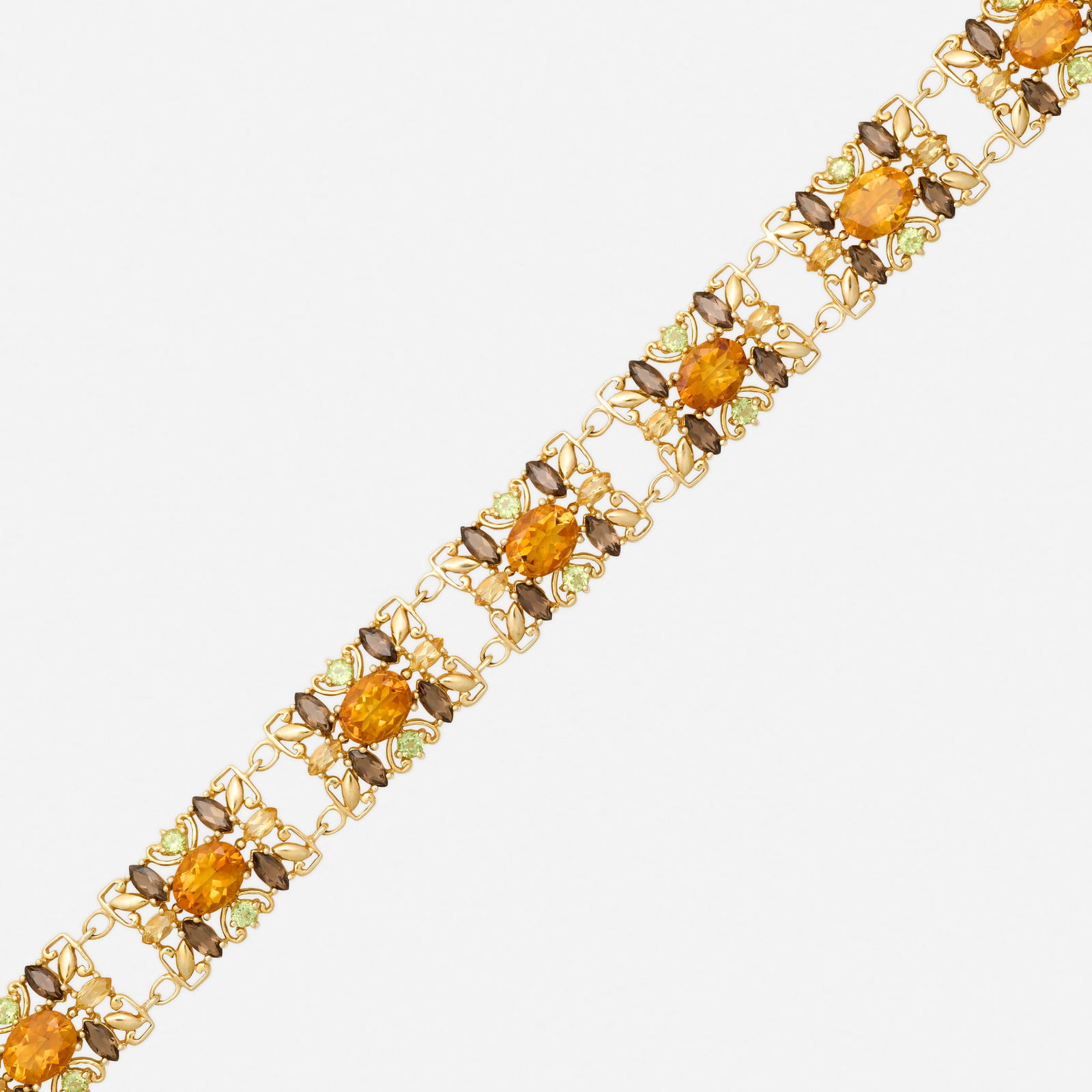Multi-gem and gold bracelet: Multi-gem and gold bracelet Set with oval-cut citrine, circular-cut peridot, marquise-cut citrine and smoky quartz 14k yellow gold 7.375 x 0.50 in; Gross weight 14.6 dwts This work will ship from Lamb