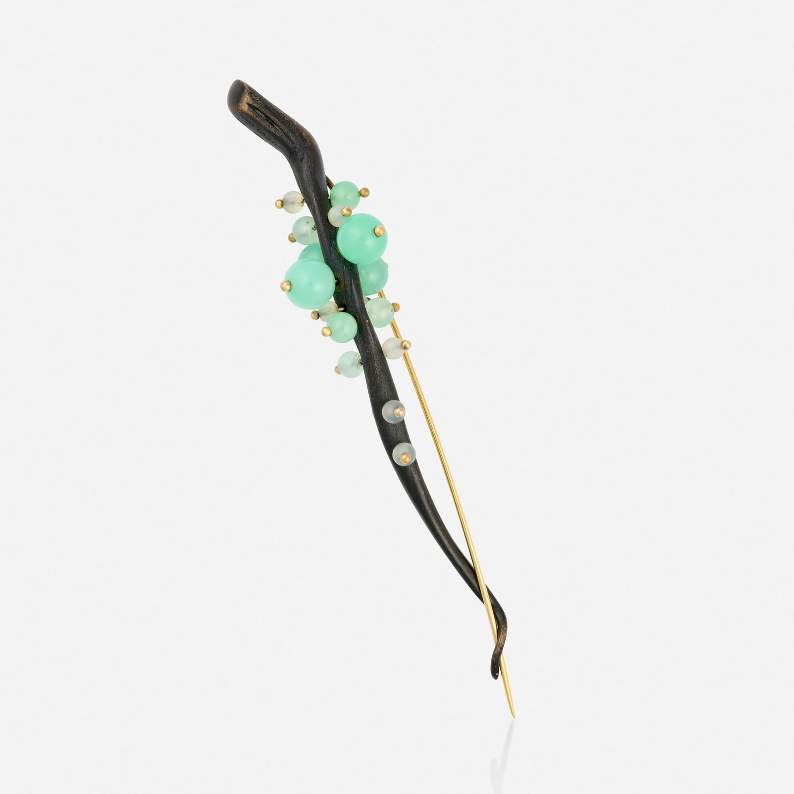 Ted Muehling, Multi-gem, oxidized bronze, and gold brooch: Ted Muehling Multi-gem, oxidized bronze, and gold brooch The branch set with chrysoprase and colorless chalcedony beads Oxidized bronze and yellow gold Signed Muehling 3.50 x 0.50 in; Gross weight