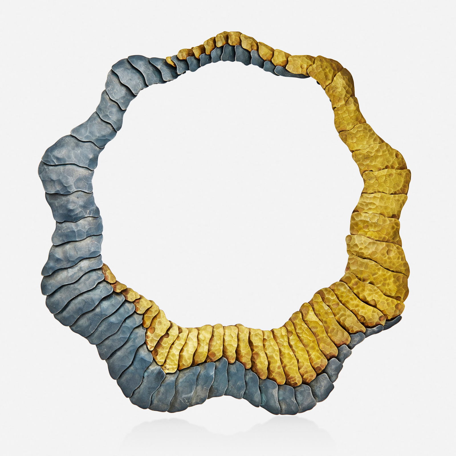 RomoHerrera, Oxidized silver and tumbaga necklace: RomoHerrera Oxidized silver and tumbaga necklace Of hammered links; 2020s Oxidized silver and tumbaga Signed with maker's mark for RomoHerrera Inner circ. 14 in; Gross weight 107.7 dwts This work