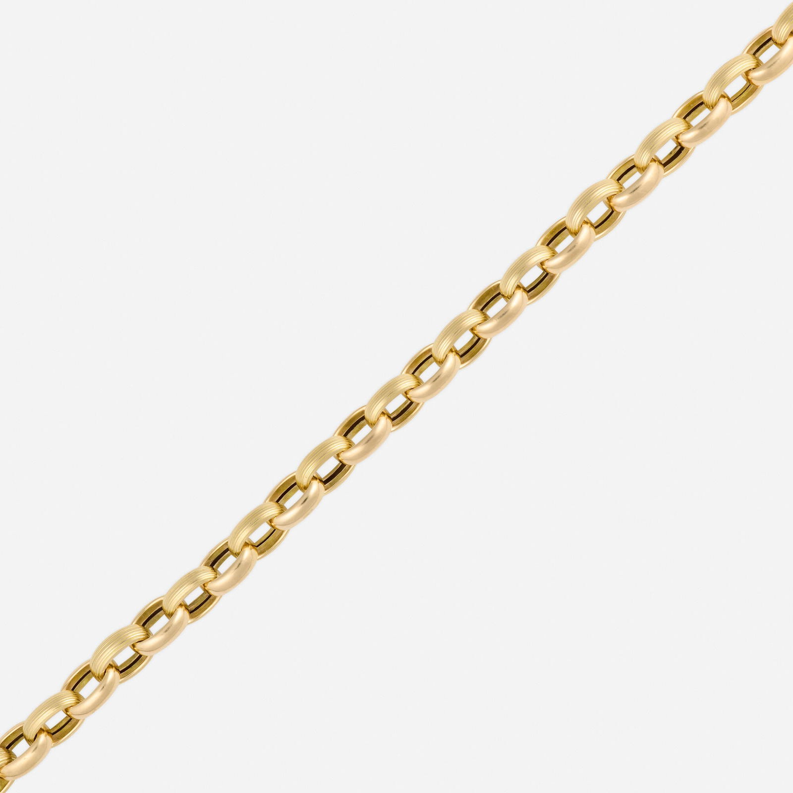 Italian, Gold bracelet: Italian Gold bracelet Of oval textured and polished links 14k yellow gold 7 x 0.25 in; Gross weight 8.1 dwts This work will ship from Lambertville, New Jersey.