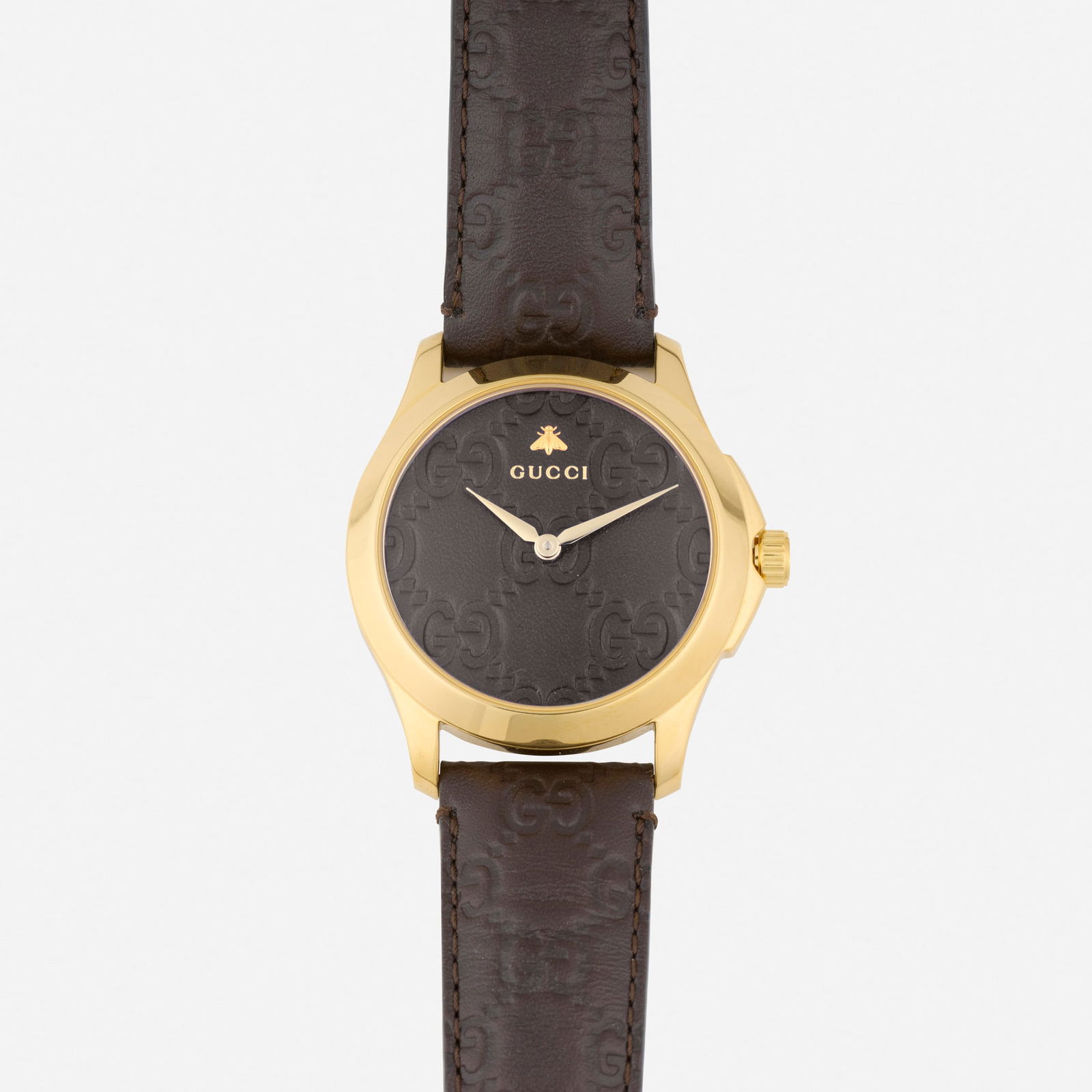 Gucci, 'G-Timeless' wristwatch, Ref. YA1264035: Gucci 'G-Timeless' wristwatch, Ref. YA1264035 With sword-shaped hands Dial: Brown leather GG logo Movement: Quartz Case material: Yellow gold PVD and stainless steel Case size: 38 mm Bracelet/Strap: