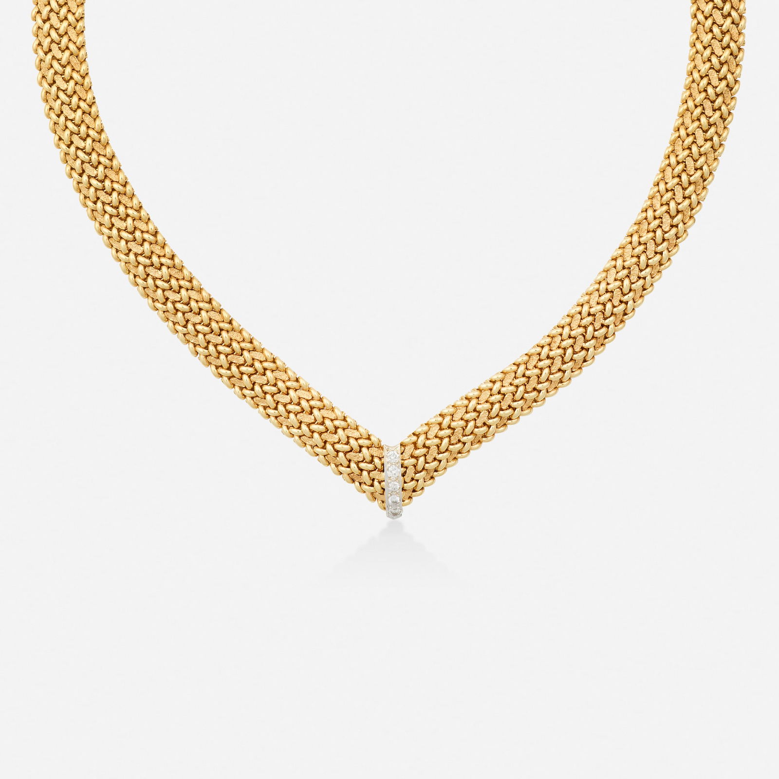 Diamond and gold necklace: Diamond and gold necklace Of woven design, set with round brilliant-cut diamonds 14k yellow and white gold Inner circ. approx. 15.50 in; Gross weight 42.1 dwts Provenance: Private Collection of