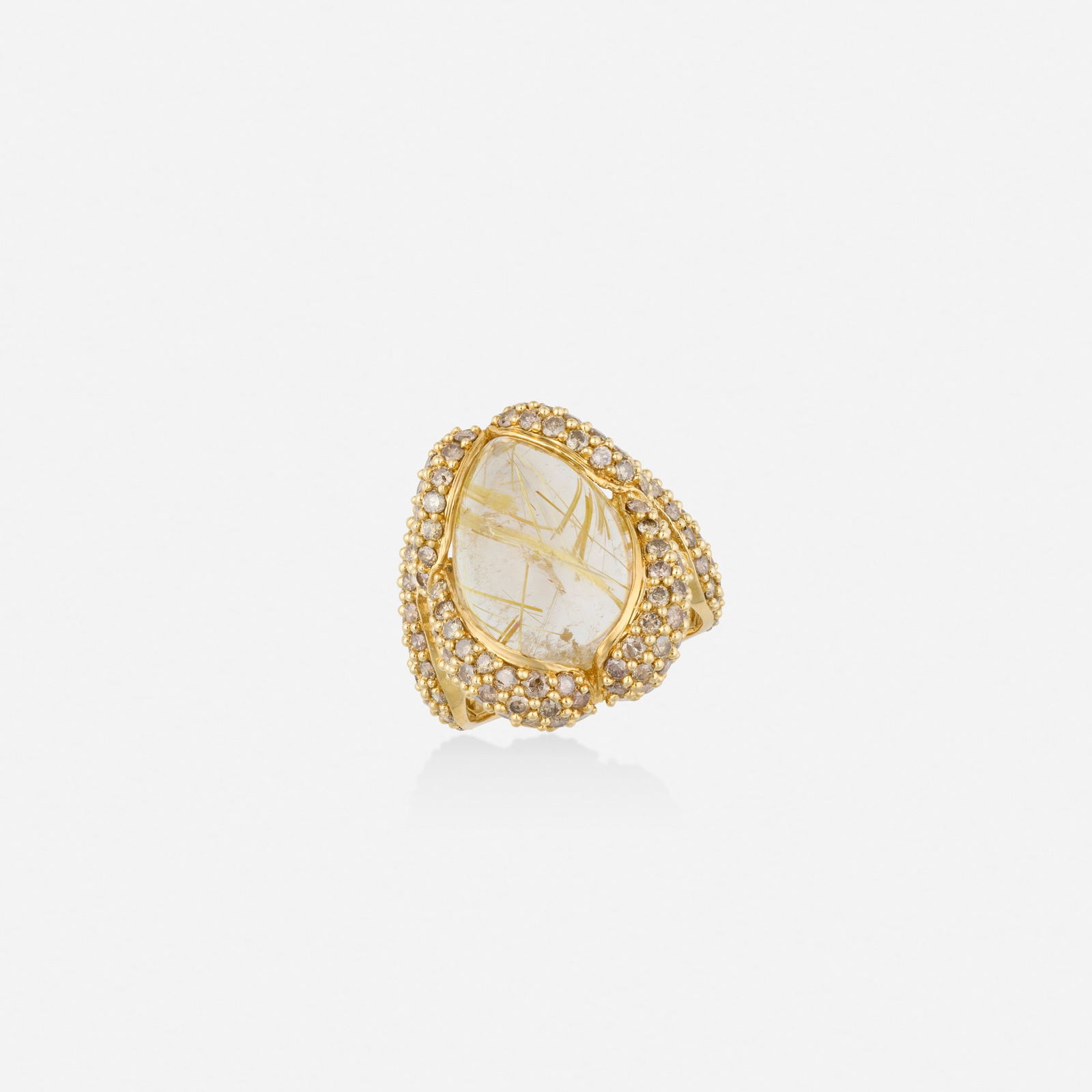 Rutilated quartz, diamond, and gold ring: Rutilated quartz, diamond, and gold ring Set with a cabochon rutilated quartz, surrounded by pave-set colored round brilliant-cut diamonds 14k yellow gold Ring size 8; Gross weight 7.3 dwts This