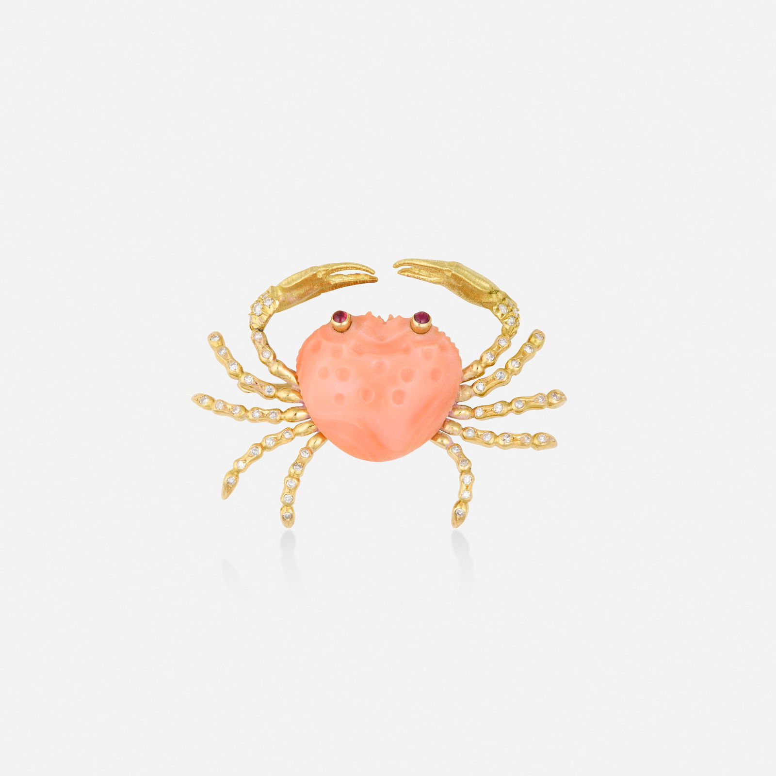 Missiaglia 1846, Multi-gem, diamond, and gold brooch: Missiaglia 1846 Multi-gem, diamond, and gold brooch The crab with carved coral body, cabochon ruby eyes, and single-cut diamond legs18k yellow gold Signed Missiaglia 2 x 1.50 in; Gross weight 13.2