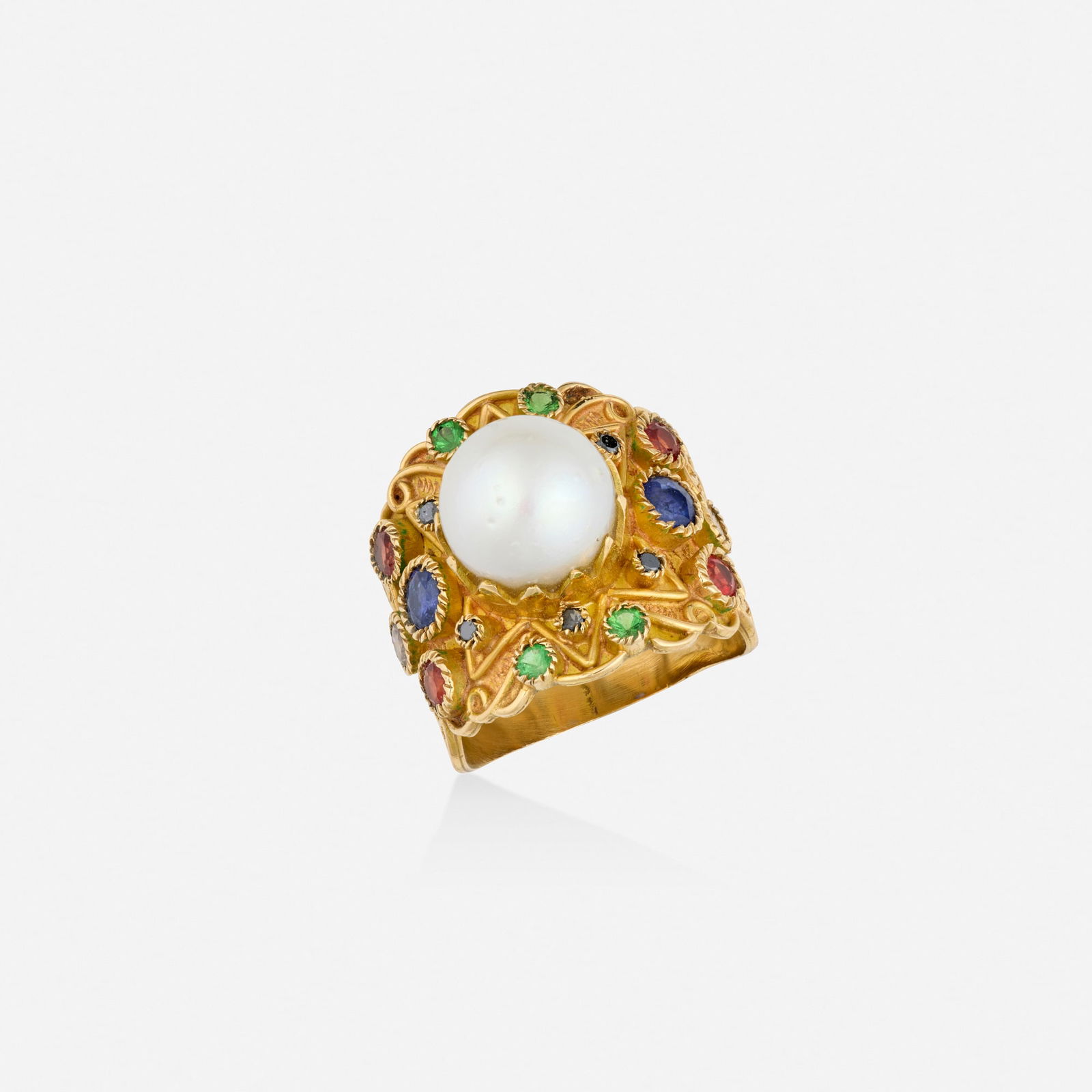 Cultured pearl, multi-gem, and diamond ring: Cultured pearl, multi-gem, and diamond ring Set with a cultured pearl, round brilliant-cut diamonds, circular-cut orange and blue sapphires, and tsavorite garnets 18k yellow gold Ring size 9; Gross