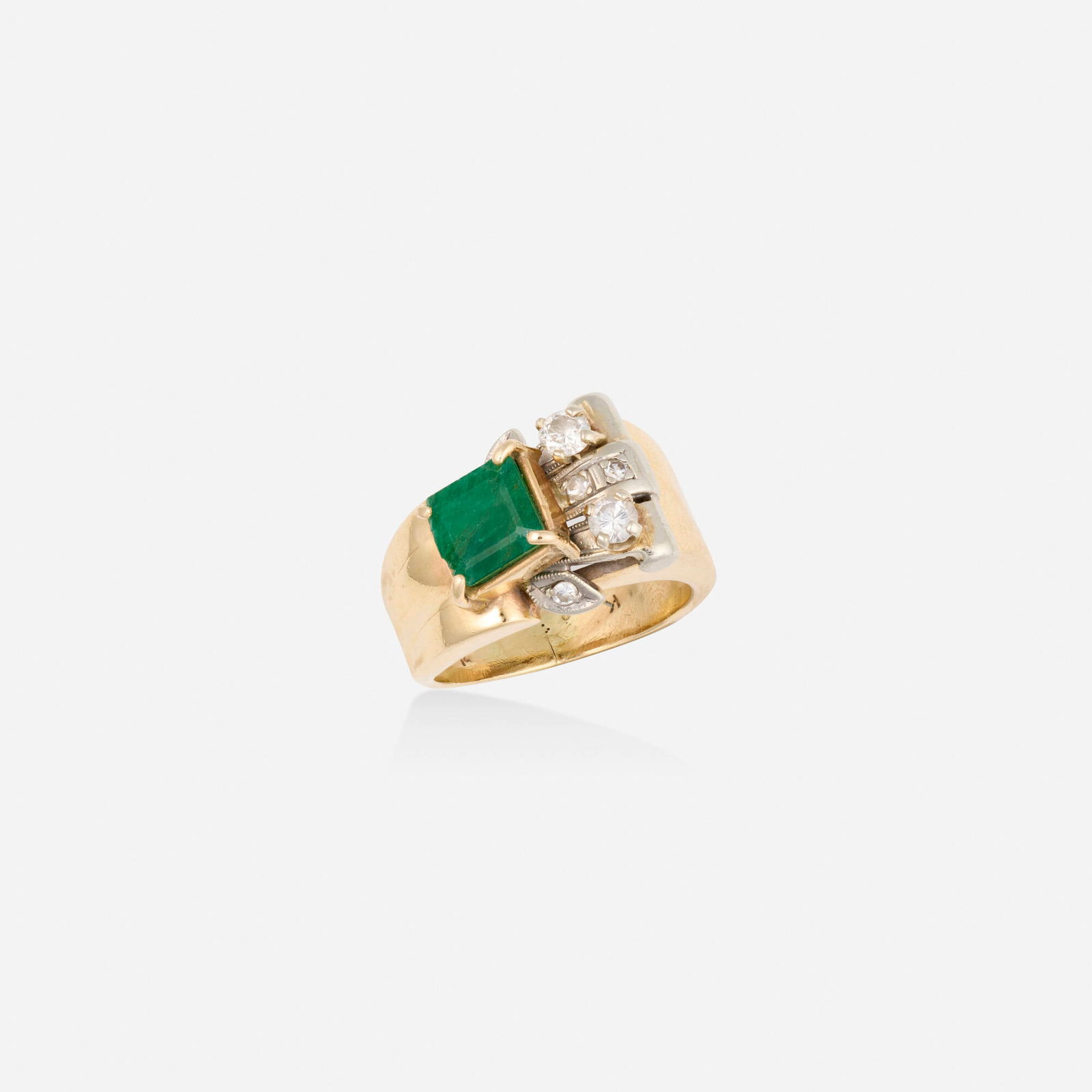 Emerald, diamond, and bicolor ring: Emerald, diamond, and bicolor ring Set with a square-cut emerald, round brilliant and single-cut diamonds 14k yellow and white gold Ring size 5.50; Gross weight 4.2 dwts This work will ship from