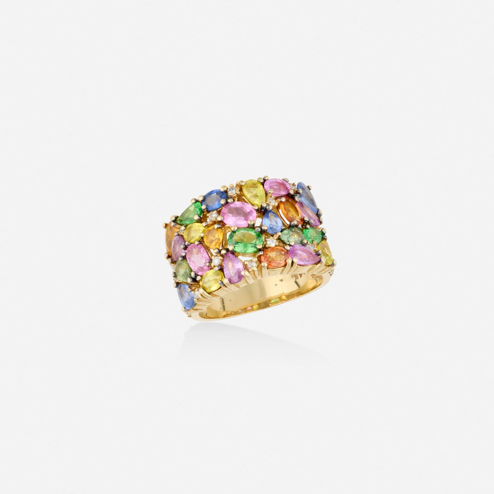 Effy, 'Watercolors' multi-gem, diamond, and gold ring: Effy 'Watercolors' multi-gem, diamond, and gold ring Set with a cluster of pear and oval-cut blue, yellow, pink, and orange sapphires, tsavorite garnets, and round brilliant-cut diamonds 14k yellow go
