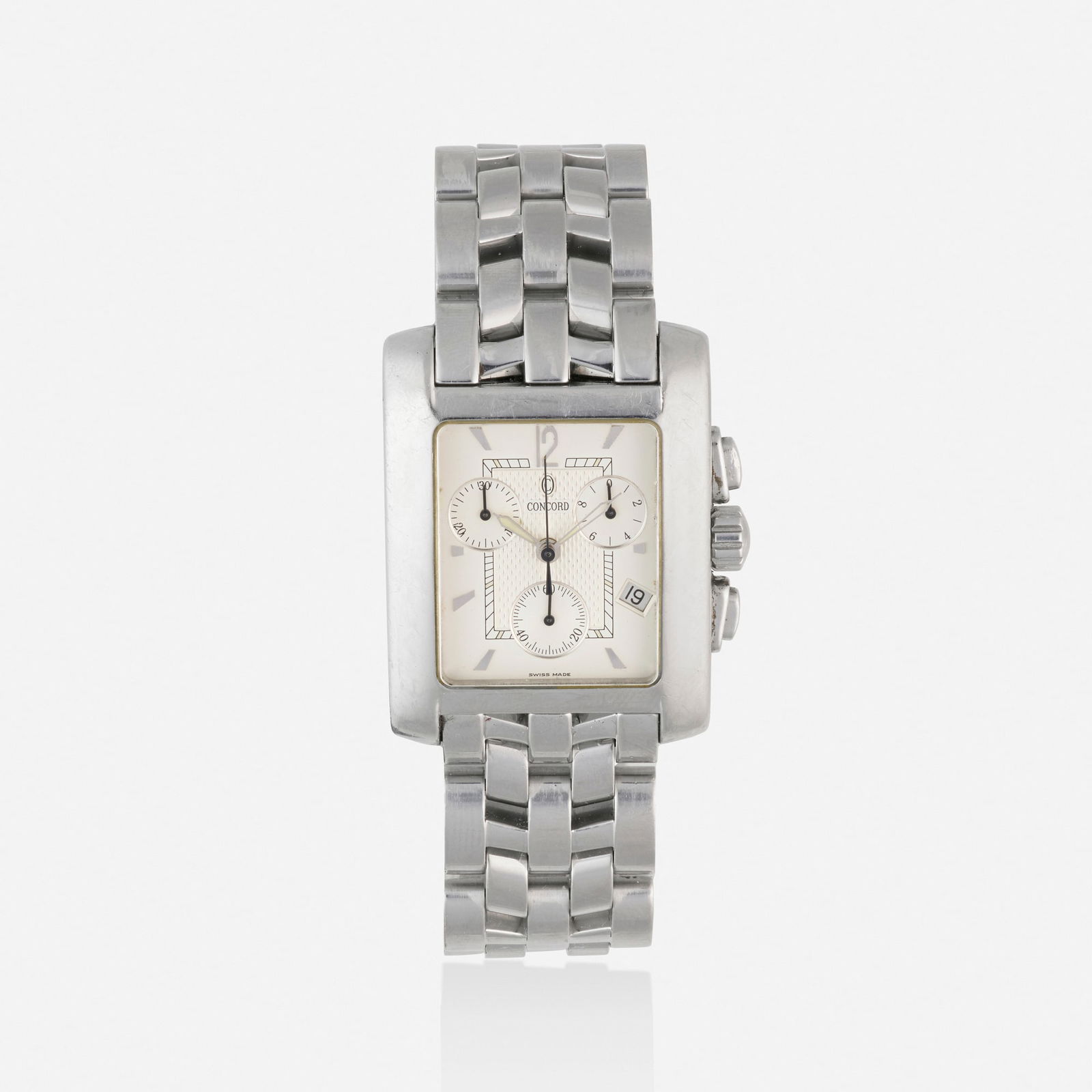 Concord Watch Co., 'Sportivo' stainless steel wristwatch, Ref. 14.H1.610: Concord Watch Co. 'Sportivo' stainless steel wristwatch, Ref. 14.H1.610 With Arabic and baton hours, three sub-dials, chronograph and date function Dial: Silvered Movement: Quartz Case material: