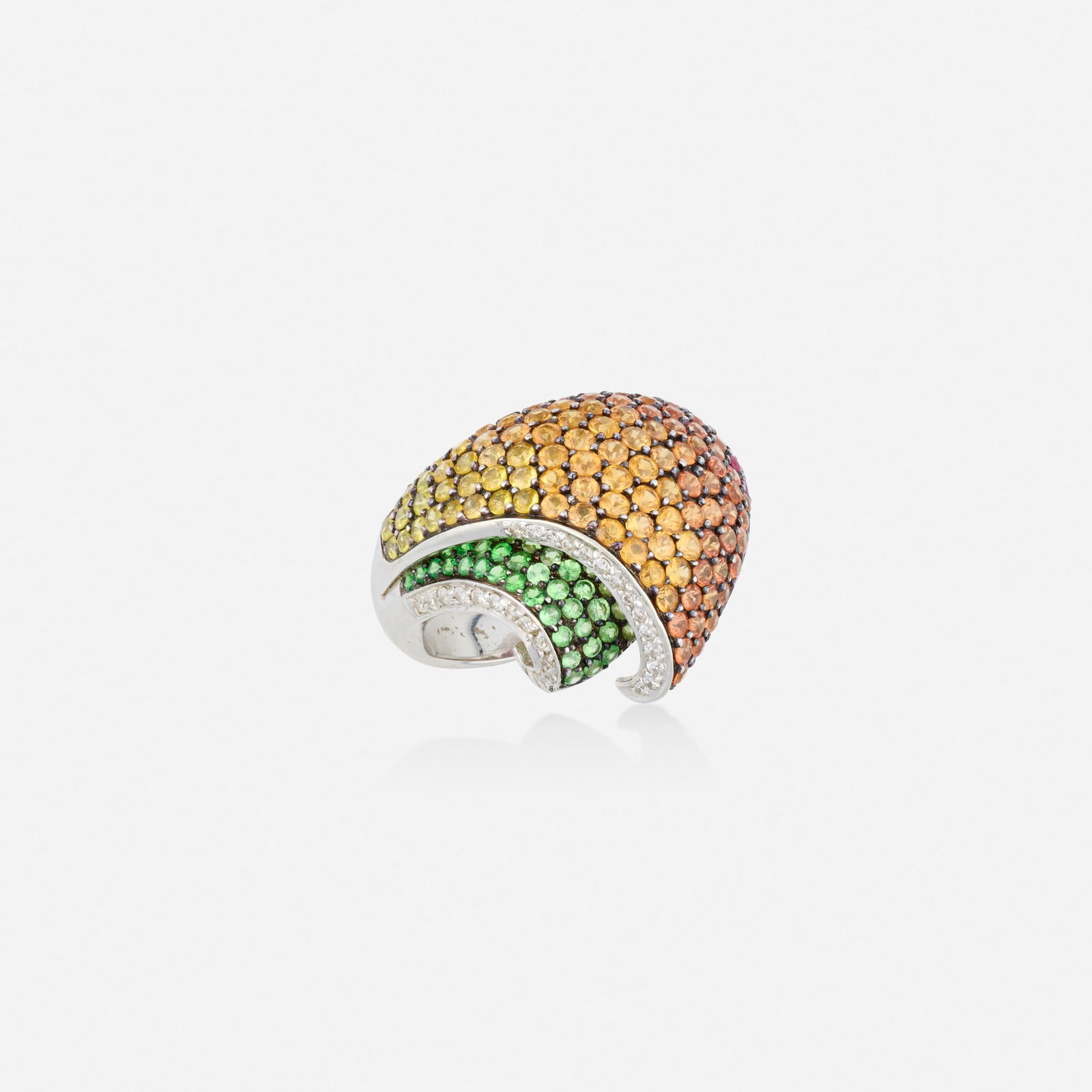 Multi-gem, diamond, and white gold ring: Multi-gem, diamond, and white gold ring Pave-set with round brilliant-cut diamonds, circular-cut fancy-color sapphires, rubies, tsavorite and grossular garnets 14k white gold Ring size 7.25; Gross