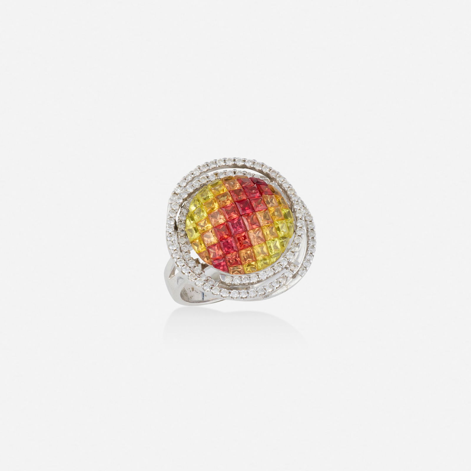 Multi-gem, diamond, and white gold ring: Multi-gem, diamond, and white gold ring Invisibly-set with square-cut rubies, yellow and orange sapphires, framed by round brilliant-cut diamonds 14k white gold Ring size 7; Gross weight 5.9 dwts 