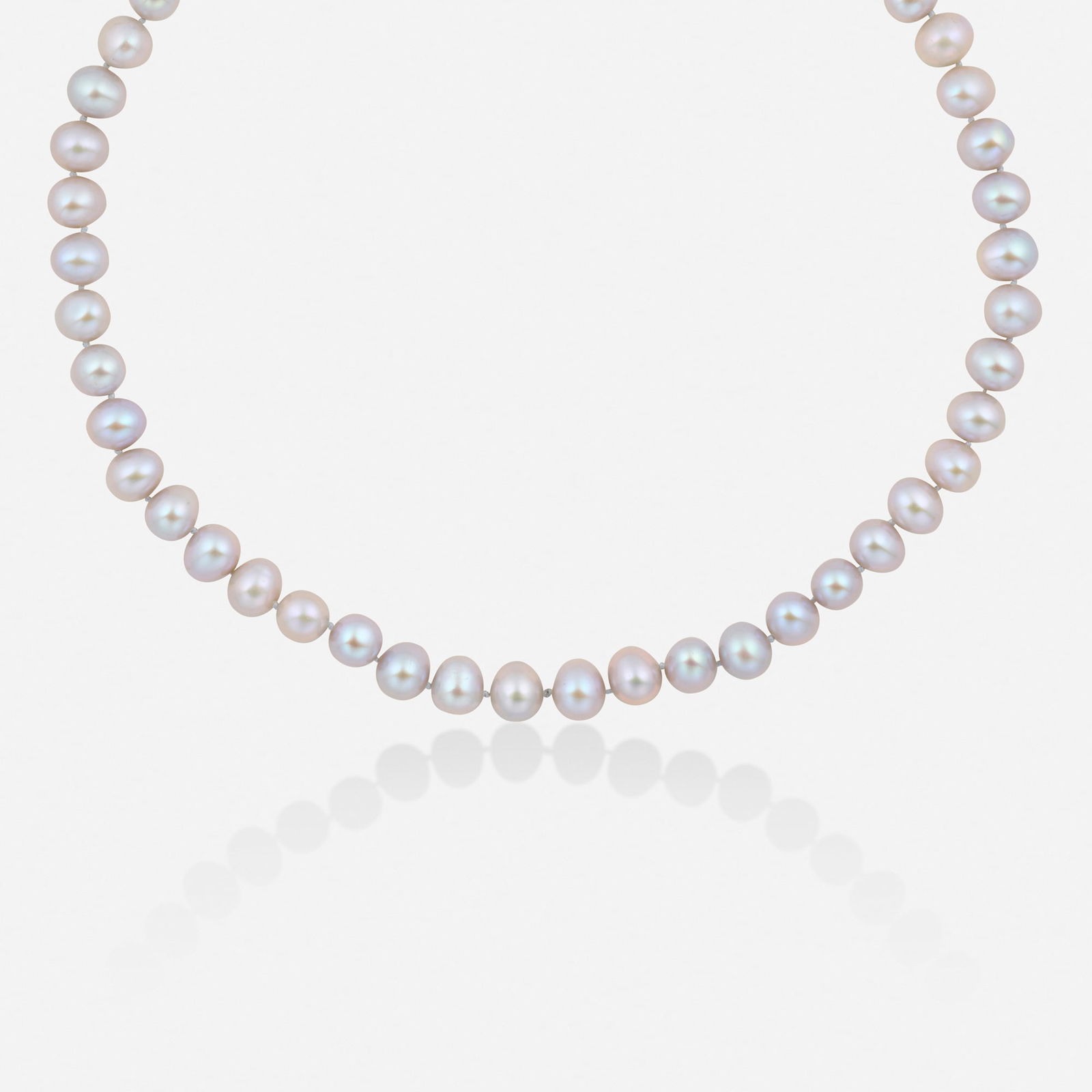 Cultured pearl and gold necklace: Cultured pearl and gold necklace Of 48 grey cultured pearls measuring approx. 8.90 mm, joined by a gold 'X' motif clasp 14k yellow gold 16.25 in; Gross weight 22.8 dwts This work will ship from