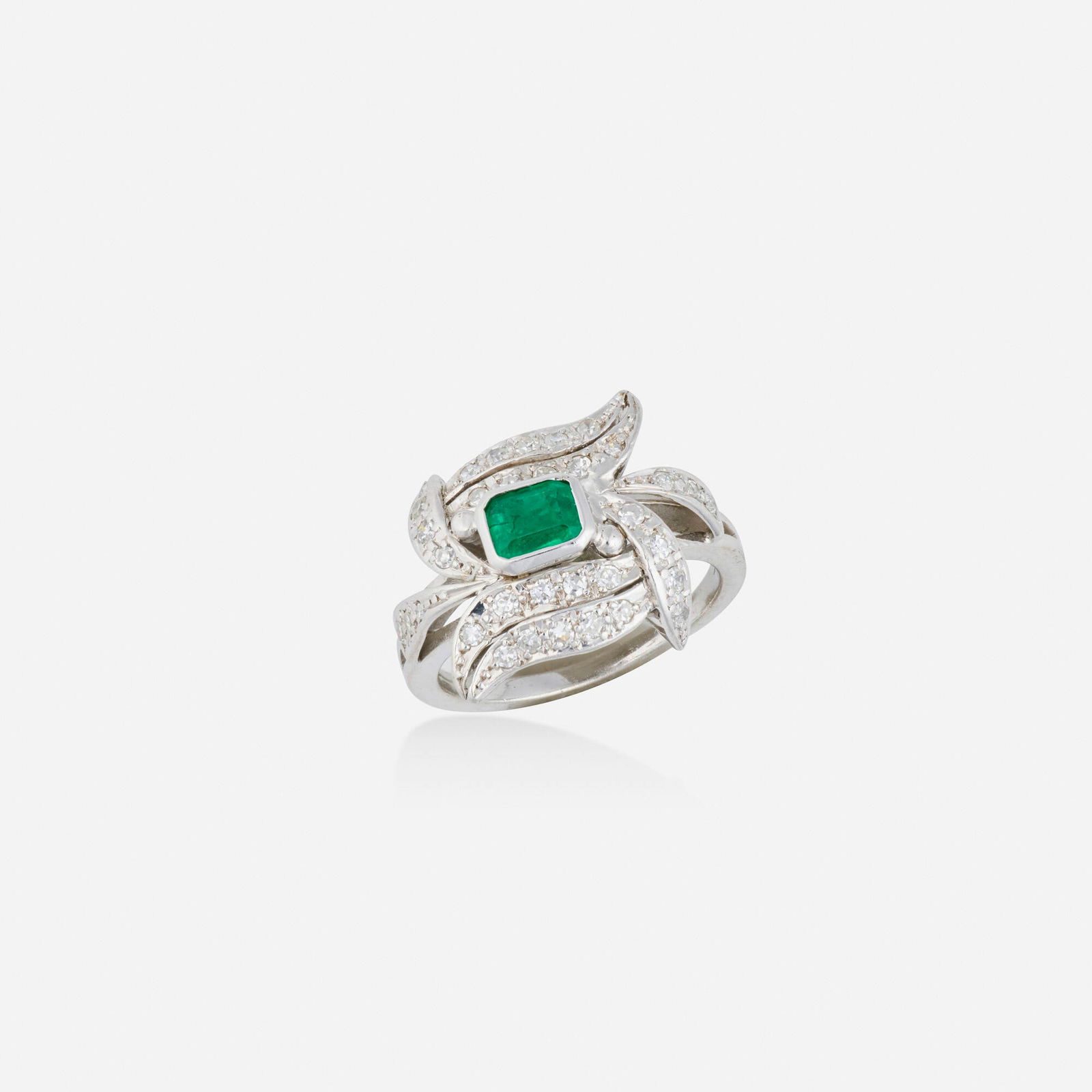 Emerald, diamond, and platinum ring: Emerald, diamond, and platinum ring Set with an emerald-cut emerald and single-cut diamonds Platinum Ring size 6.50; Gross weight 3.5 dwts This work will ship from Lambertville, New Jersey.