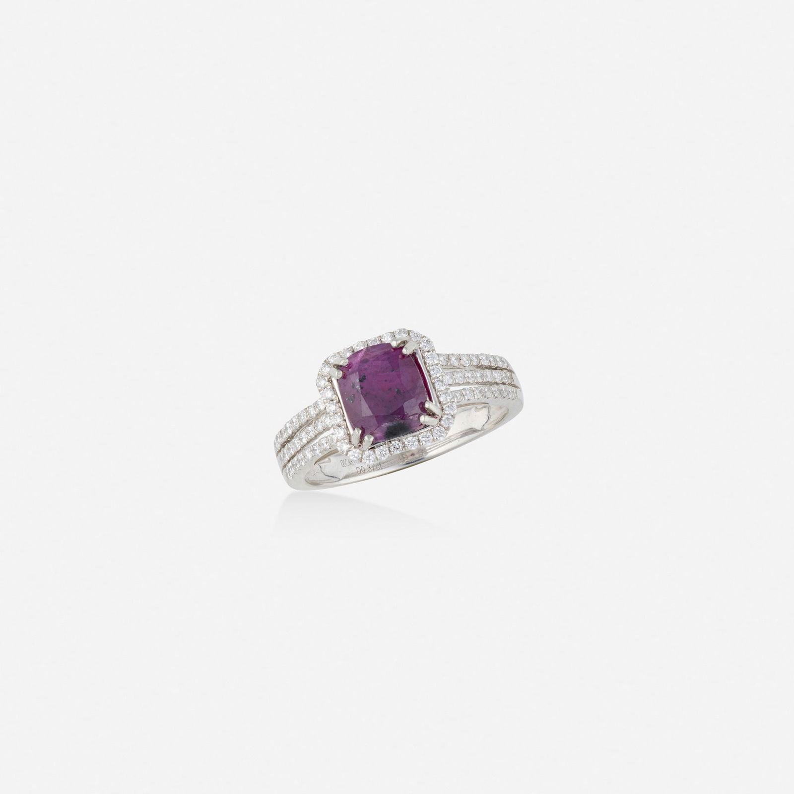 Oscar Friedman, Sapphire, diamond, and platinum ring: Oscar Friedman Sapphire, diamond, and platinum ring Set with a cushion-cut purple-pink sapphire and round brilliant-cut diamonds Platinum Signed Oscar Friedman Ring size 7.25; Gross weight 3.6 dwts
