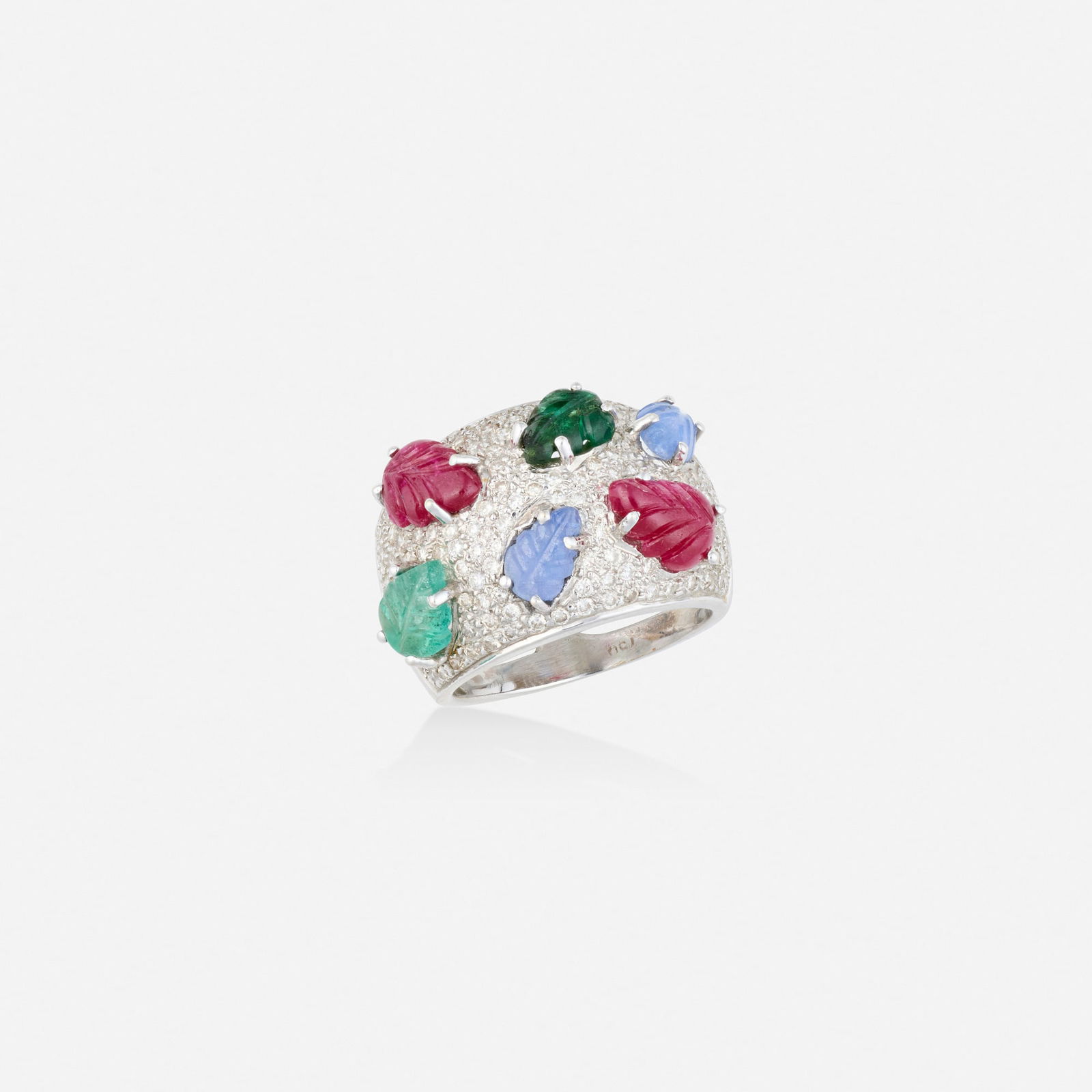 Multi-gem, diamond, and white gold ring: Multi-gem, diamond, and white gold ring Set with round brilliant-cut diamonds, carved rubies, sapphires, and emeralds 18k white gold Ring size 6.25; Gross weight 6.1 dwts This work will ship from Lamb