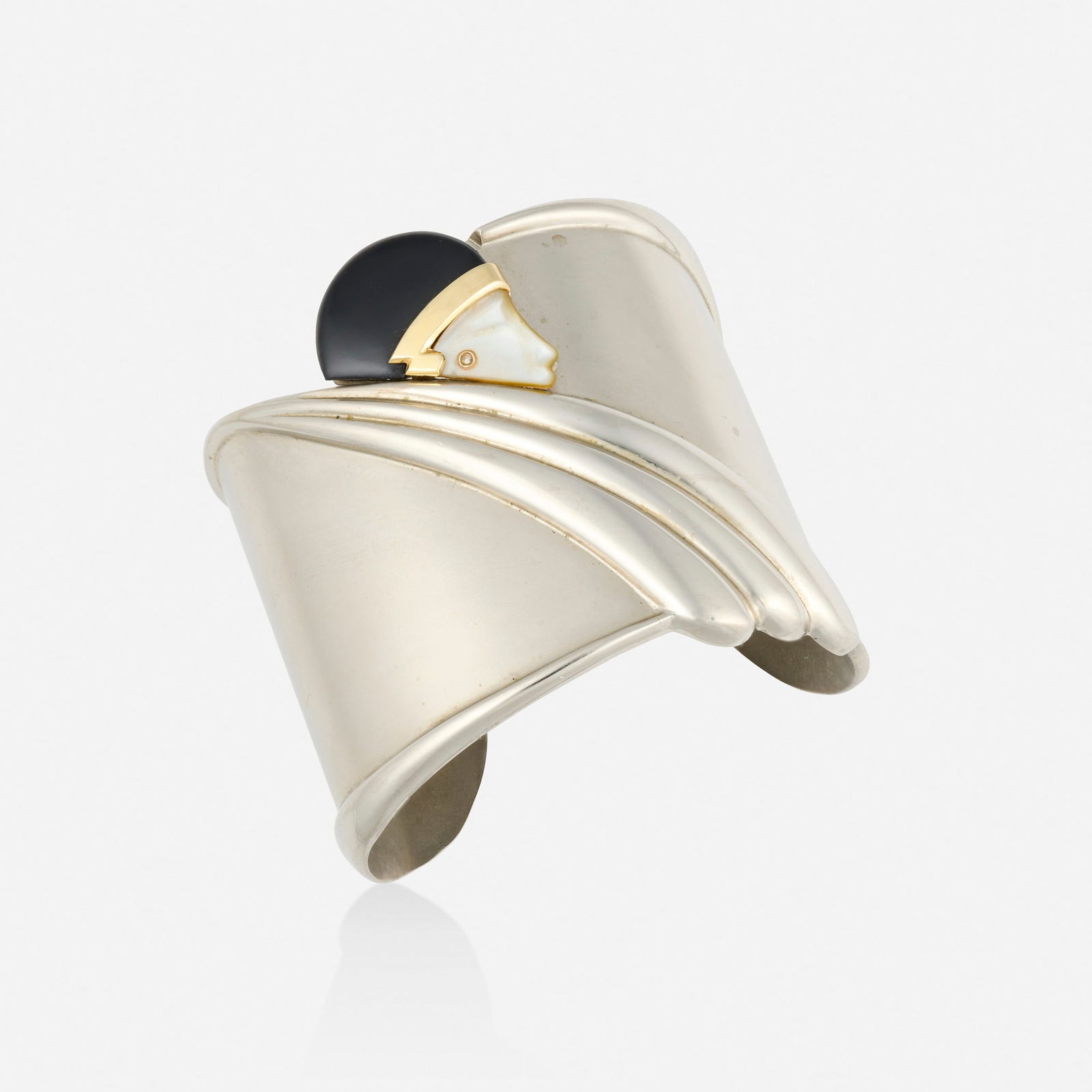 Erte (Romain de Tirtoff), 'Tempest' multi-gem, sterling silver, and gold cuff bracelet (1 of 2)