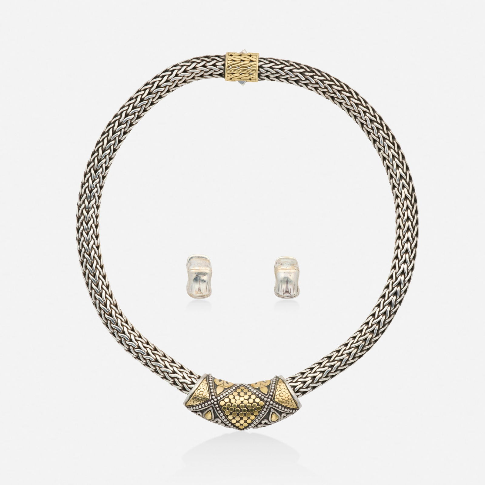 John Hardy, Group of sterling silver and gold jewelry: John Hardy Group of sterling silver and gold jewelry Comprising a 'Dot' necklace, a removable enhancer, and a pair of bamboo earrings Sterling silver and 18k yellow gold Signed with maker's mark for J