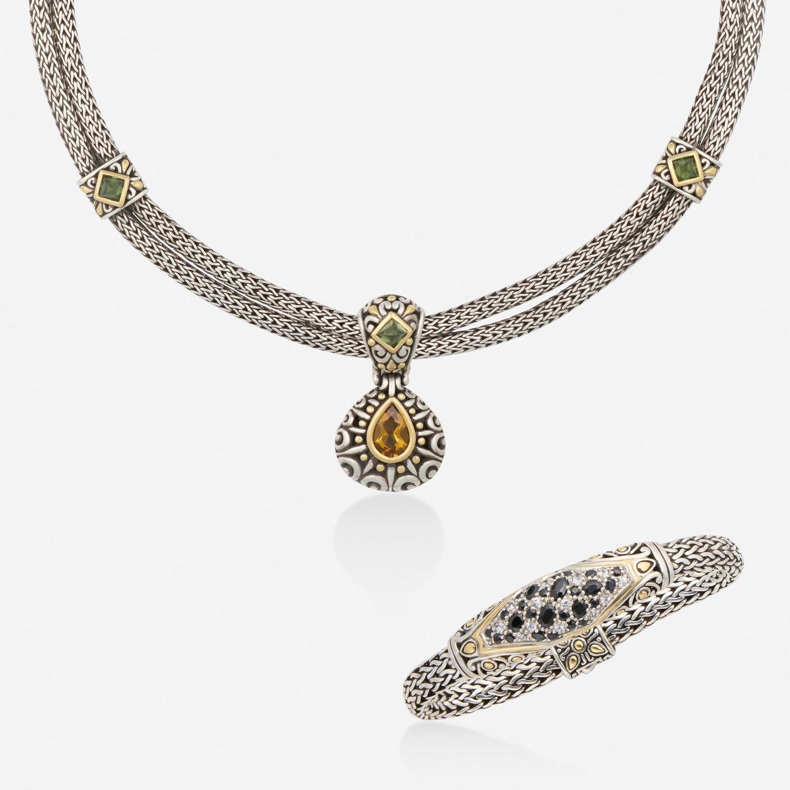 John Hardy, Sterling silver, gold, and gem-set necklace and bracelet: John Hardy Sterling silver, gold, and gem-set necklace and bracelet Each of woven design, the necklace set with a pear-shaped citrine and sugarloaf cabochon peridot, the 'Jaisalmer' bracelet set