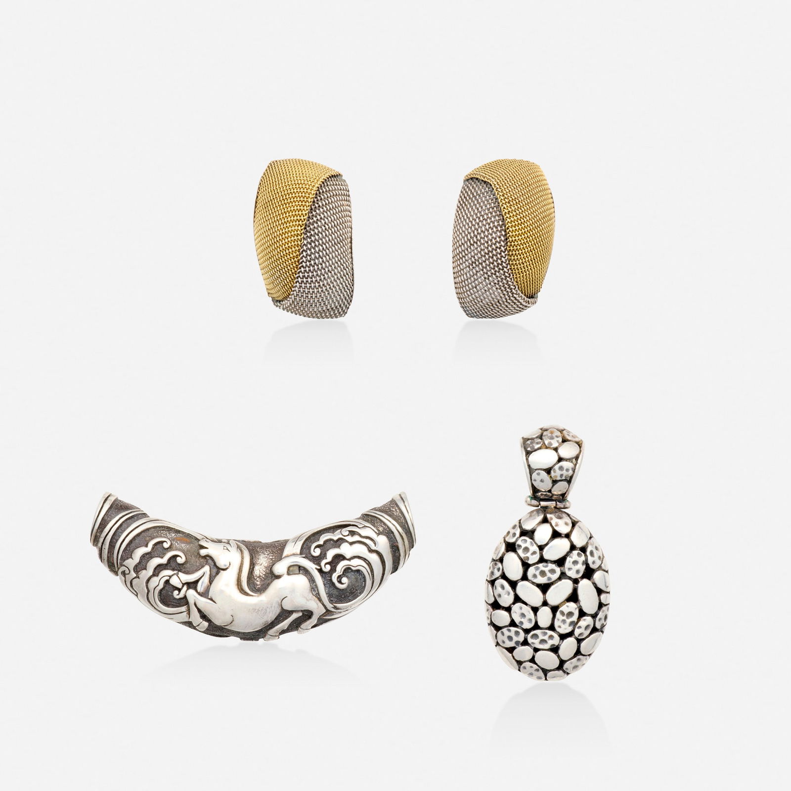 John Hardy, Two silver pendants with silver and gold earrings (1 of 2)